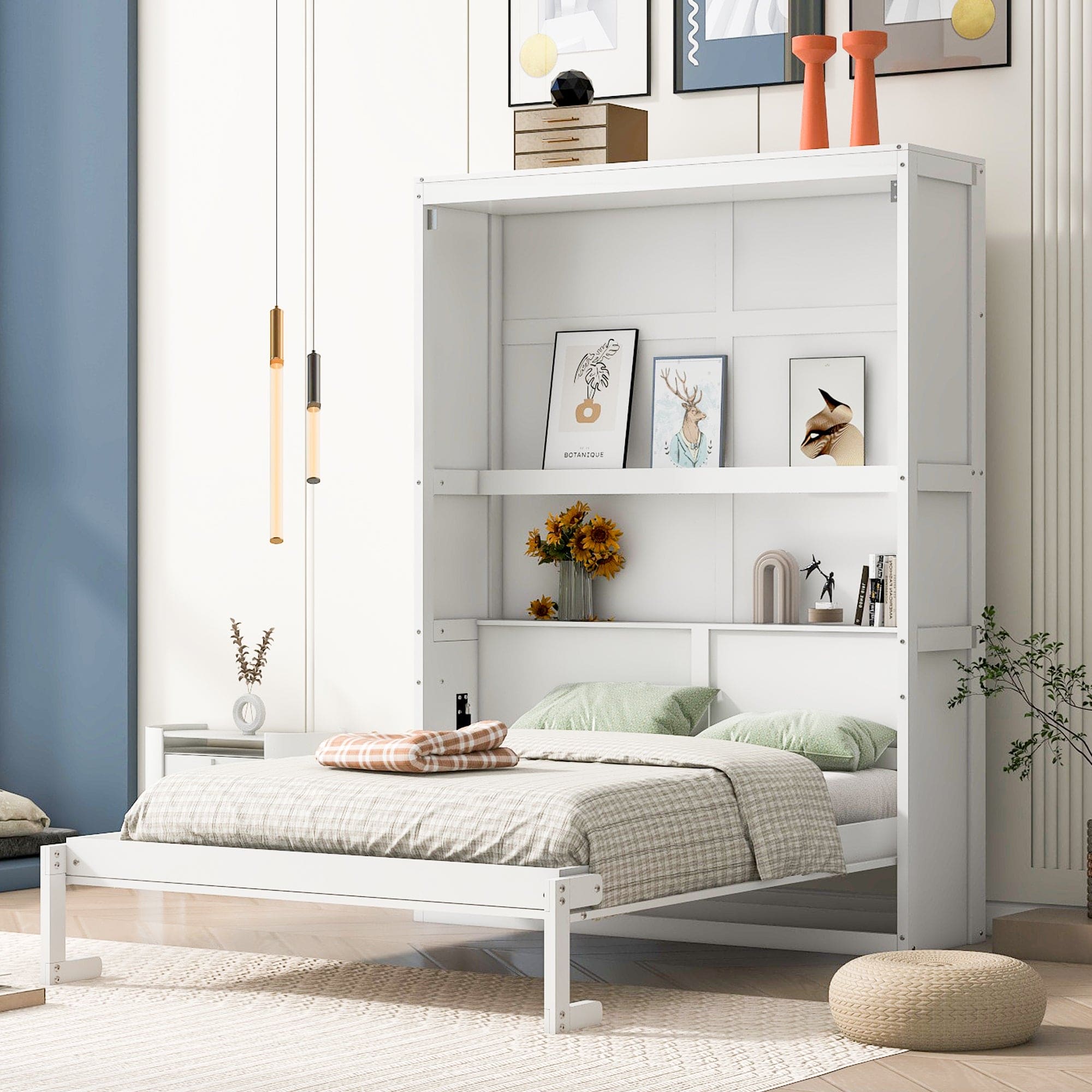 Full Size Murphy Bed Wall Bed with Shelves,White