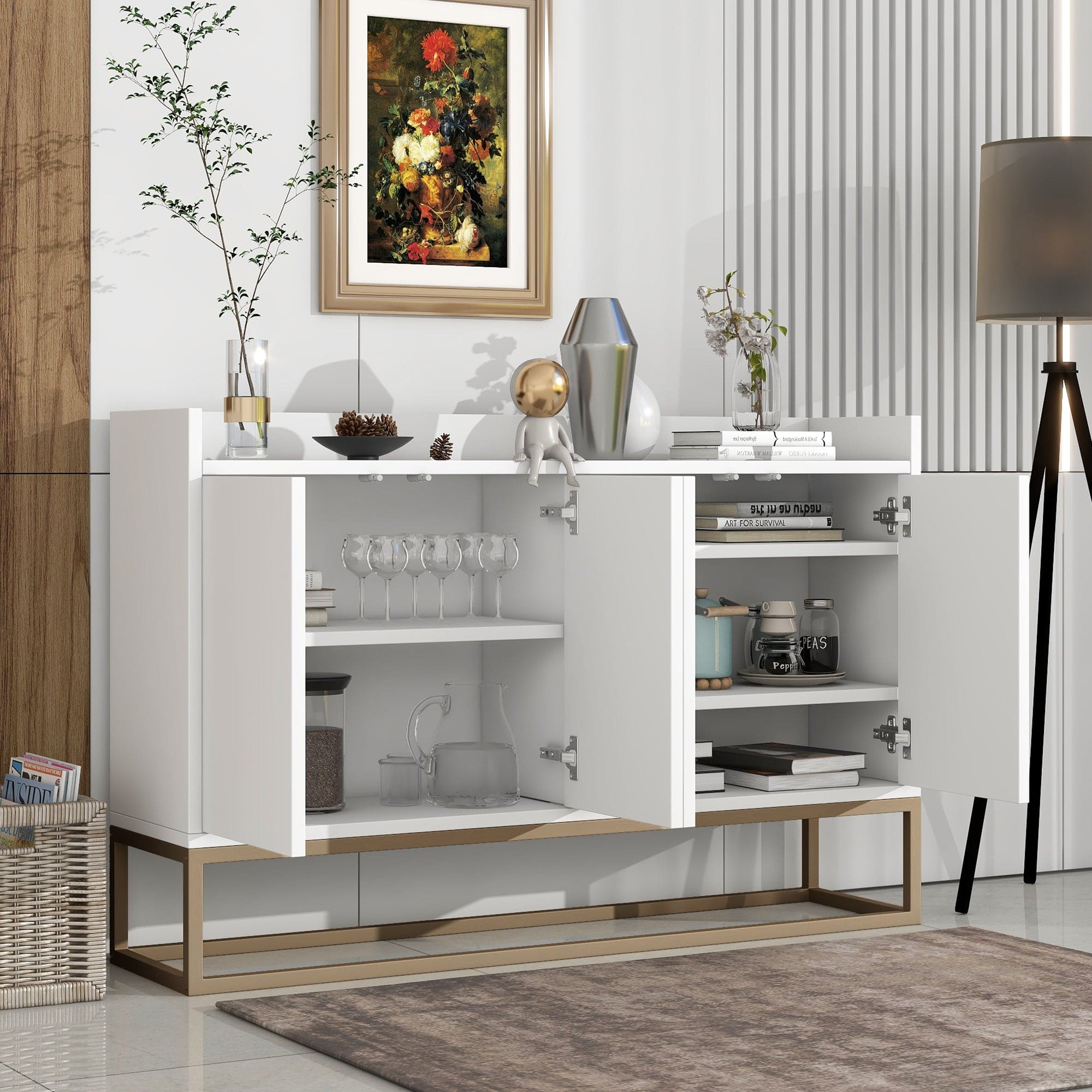 TREXM Modern Sideboard Elegant Buffet Cabinet with Large Storage Space for Dining Room, Entryway (White)