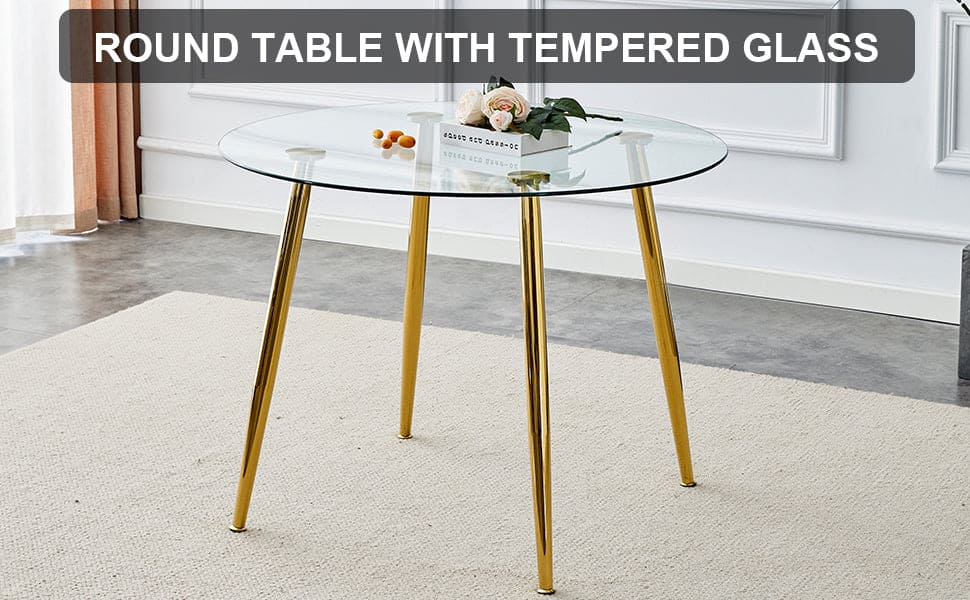 A glass tabletop with a diameter of 40 inches and a modern minimalist circular dining table with gold plated metal legs. 40 '* 40' * 30 ' DT-1164