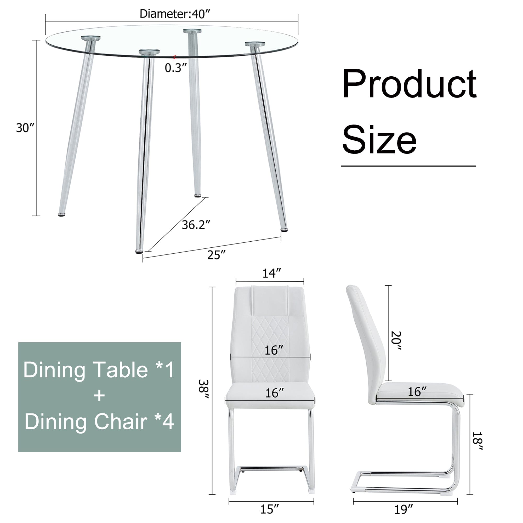 Table and chair set. (1 table+4 chairs set) A circular dining table with a 40 inch diameter glass tabletop and electroplated  metal legs. 4 white PU chairs DT-1164 001