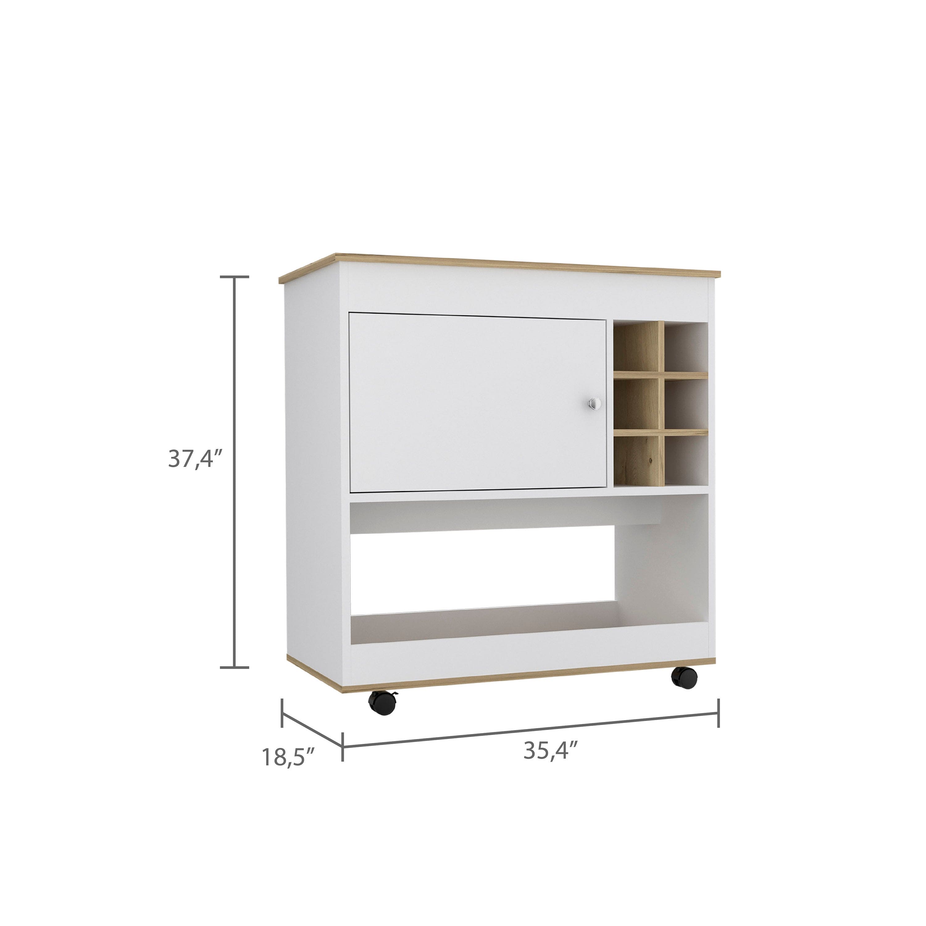 Bar Cart Aloha, Lower Panel, Six Bottle Cubbies, One Cabinet, Light Oak / White Finish