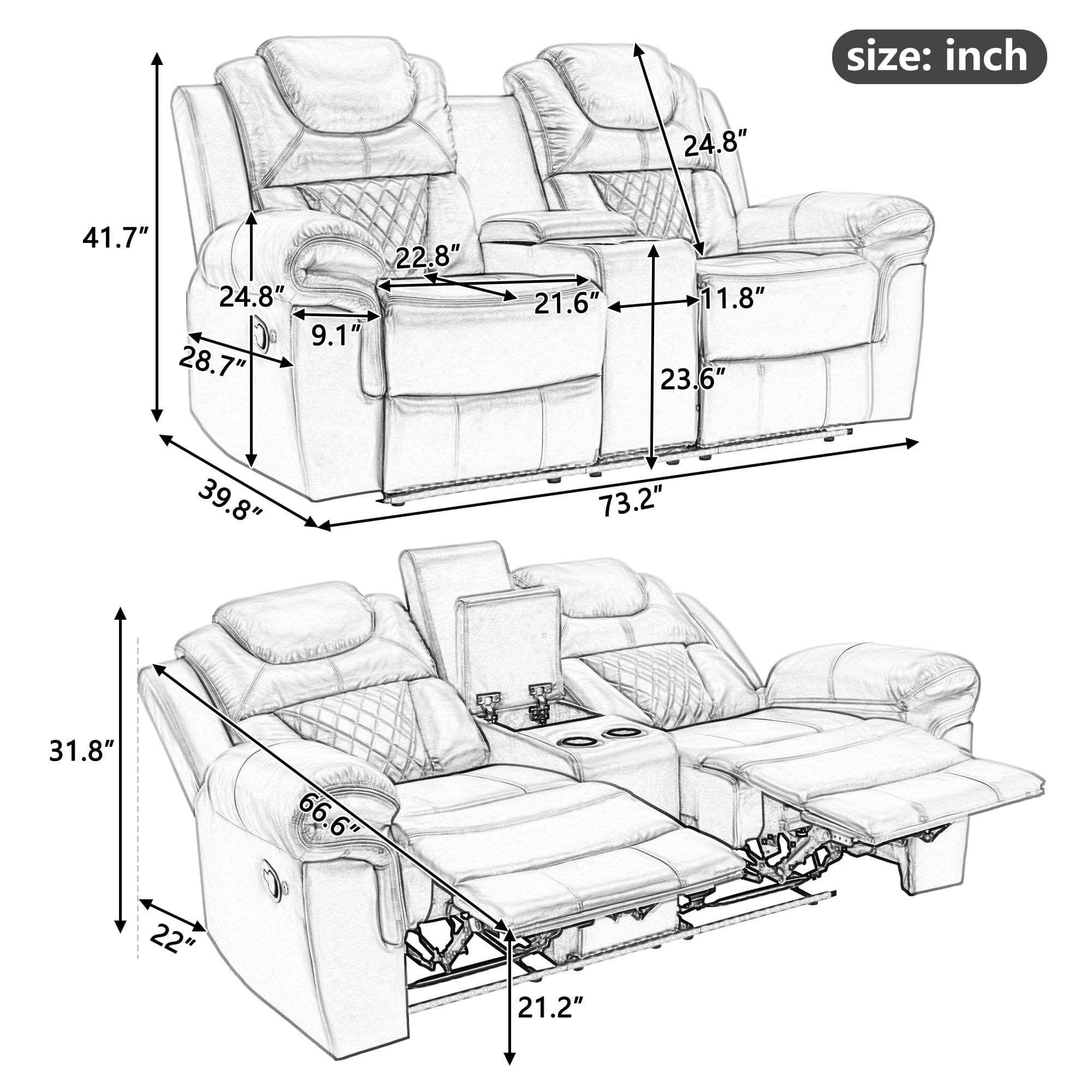 Home Theater Seating Manual Recliner Loveseat with Hide-Away Storage, Cup Holders and LED Light Strip for Living Room, Brown