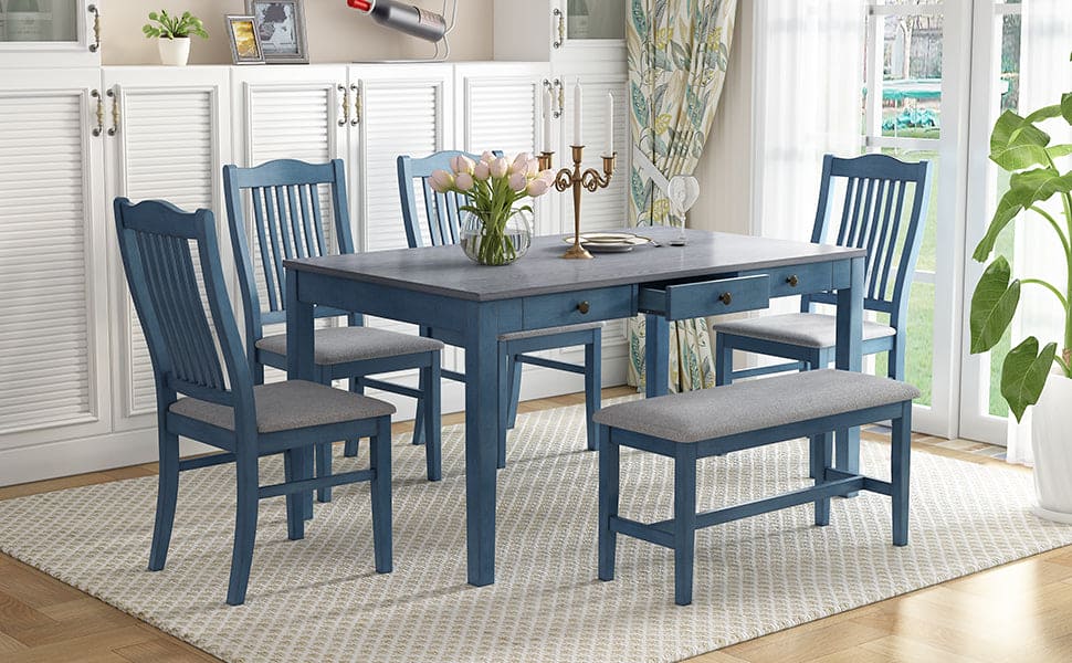 TOPMAX Mid-Century 6-Piece Wood Dining Table Set, Kitchen Table Set with Drawer, Upholstered Chairs and Bench, Antique Blue