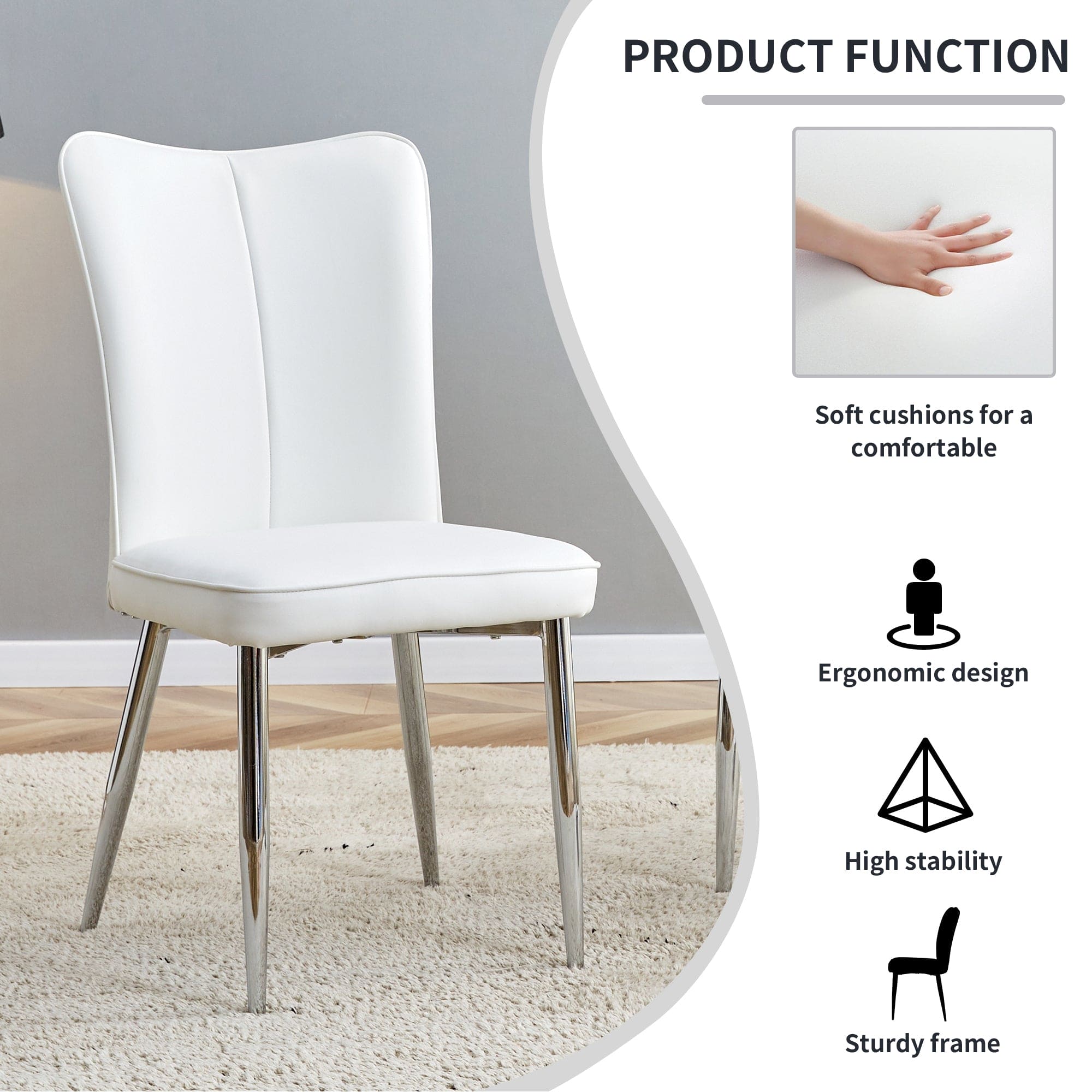 Modern minimalist dining chairs, office chairs. 2-piece set of white PU seats with silver metal legs. Suitable for restaurants, living rooms, and offices. C-008