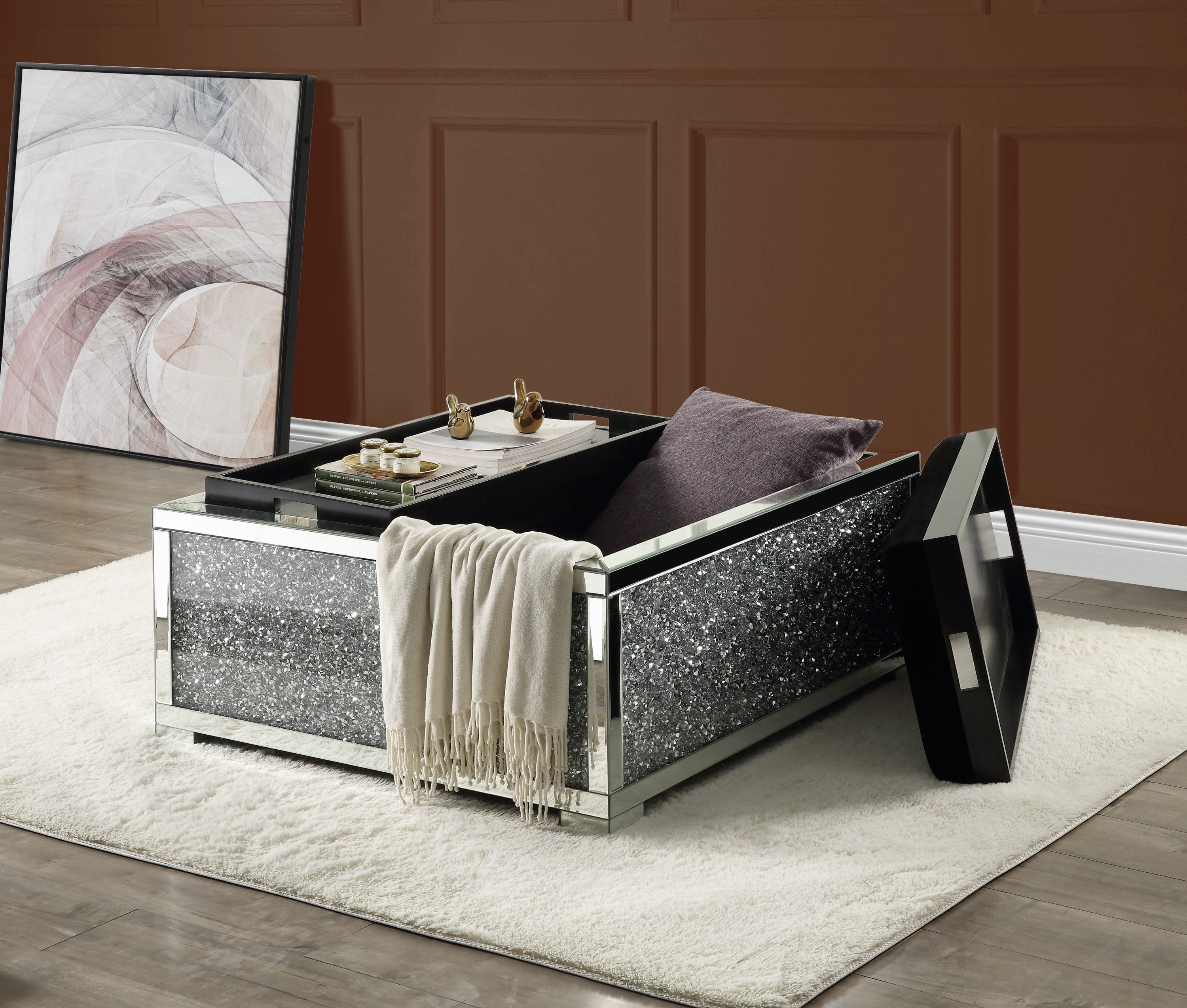 ACME Noralie OTTOMAN W/STORAGE Mirrored & Faux Diamonds AC00531