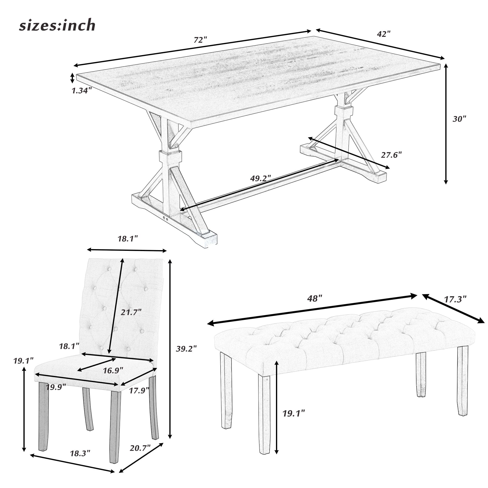 TREXM 6-Piece Farmhouse Dining Table Set 72" Wood Rectangular Table, 4 Upholstered Chairs with Bench (Espresso)