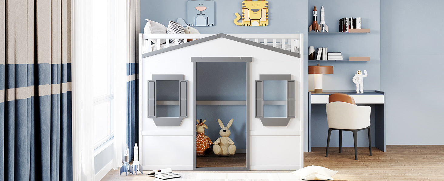 Full Size House Loft Bed With Ladder-White+Gray Frame