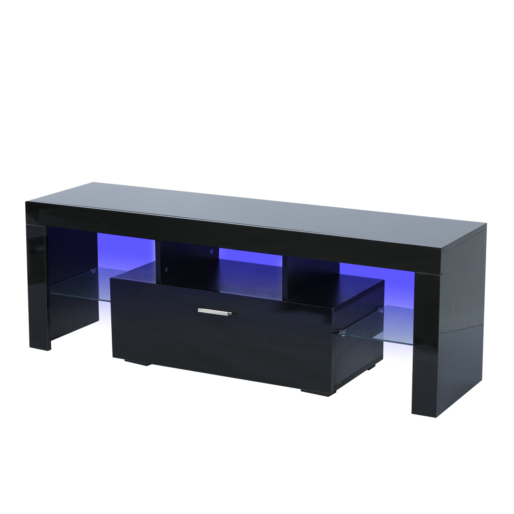 FashionTVstandTVcabinet,EntertainmentCenter,TVstationTV console,media console,with LEDlight belt,light belt remote control,toughenedglassshelf,metal handle,Canbeplaced in the living room,bedroom,black