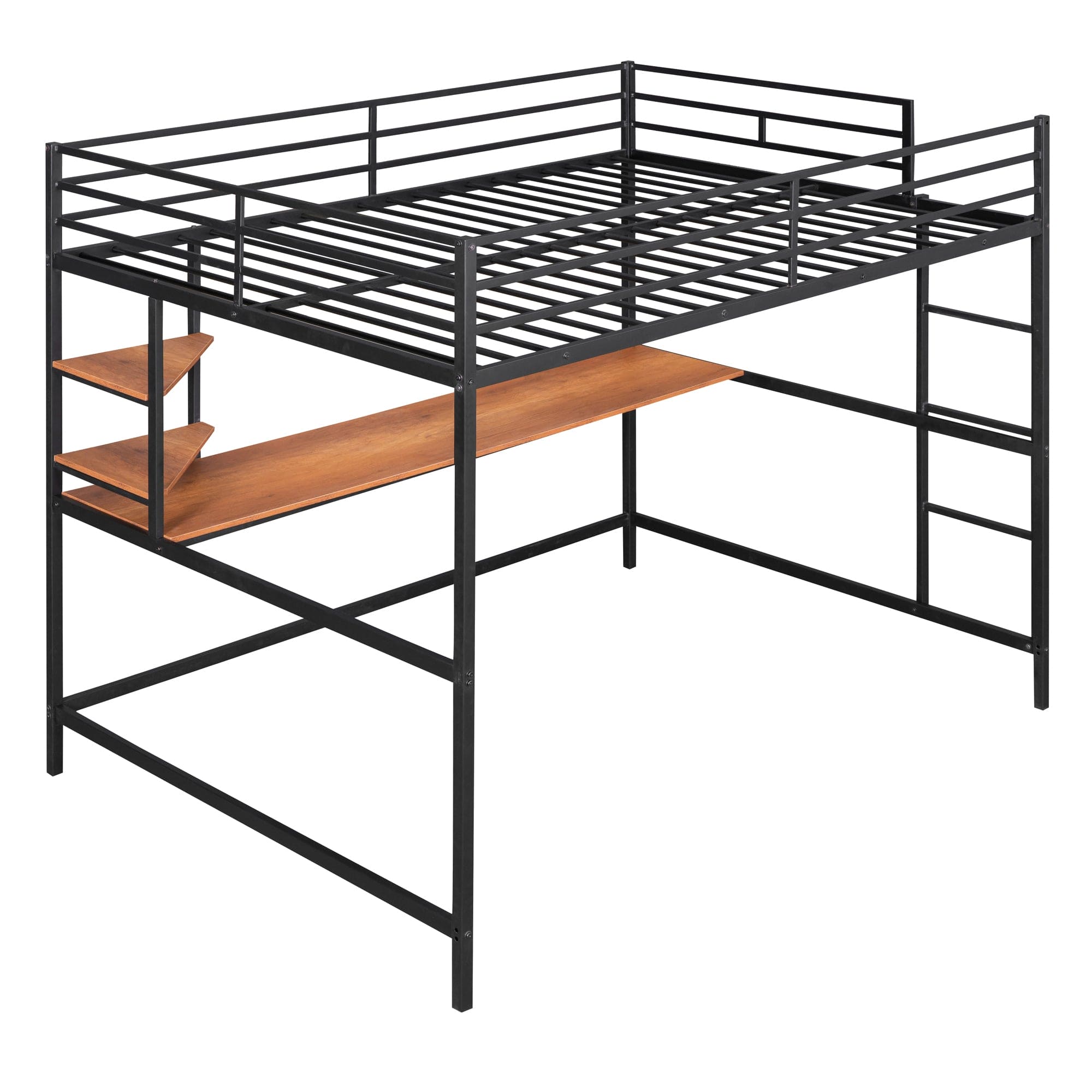 Full Metal Loft Bed with Desk and Shelve, Black