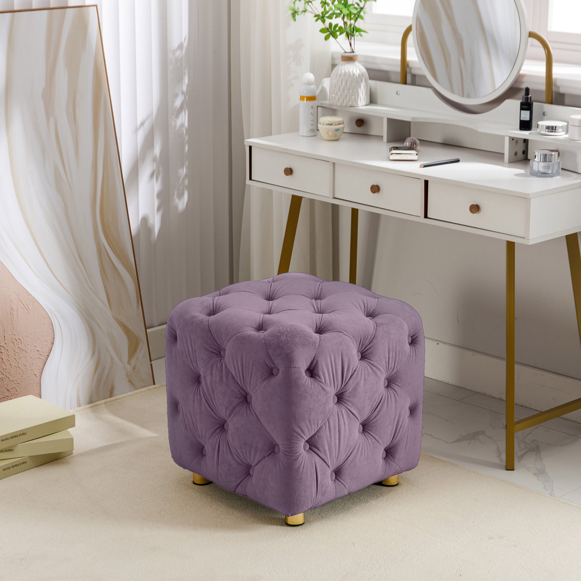 Purple Modern Velvet Upholstered Ottoman, Exquisite Small End Table, Soft Foot Stool,Dressing Makeup Chair, Comfortable Seat for Living Room, Bedroom, Entrance