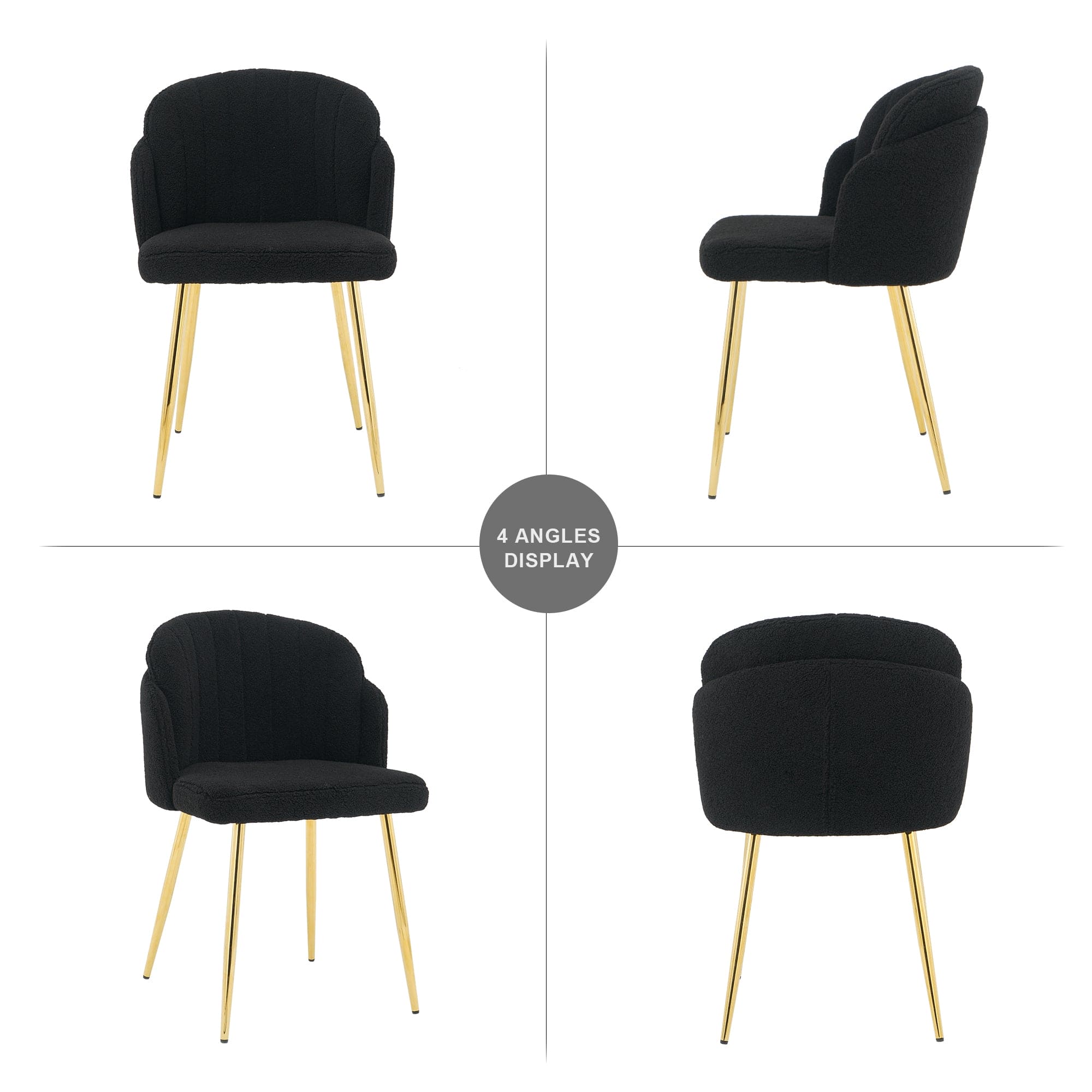 Modern simple black teddy fleece dining chair Fabric Upholstered Chairs home bedroom stool back dressing chair gold metal legs(set of 2)