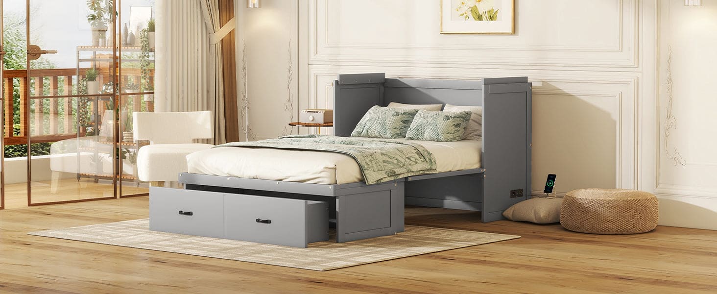 Full Size Murphy Bed with USB Port and a Large Drawer, Gray