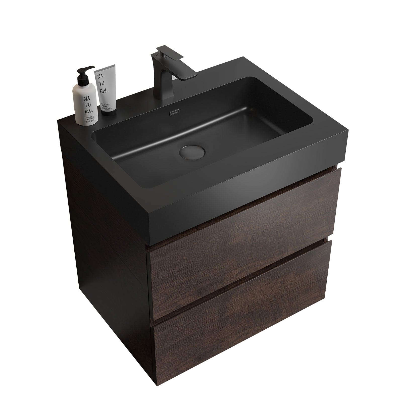 Alice 24" Walnut Bathroom Vanity with Sink, Large Storage Wall Mounted Floating Bathroom Vanity for Modern Bathroom, One-Piece Black Sink Basin without Drain and Faucet