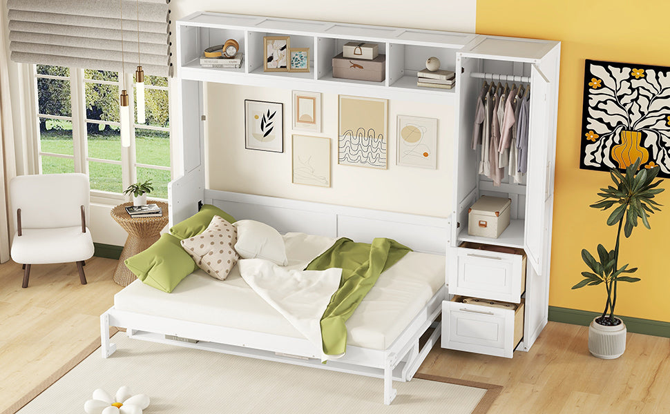 Queen Size Murphy Bed Wall Bed with Closet and Drawers,White