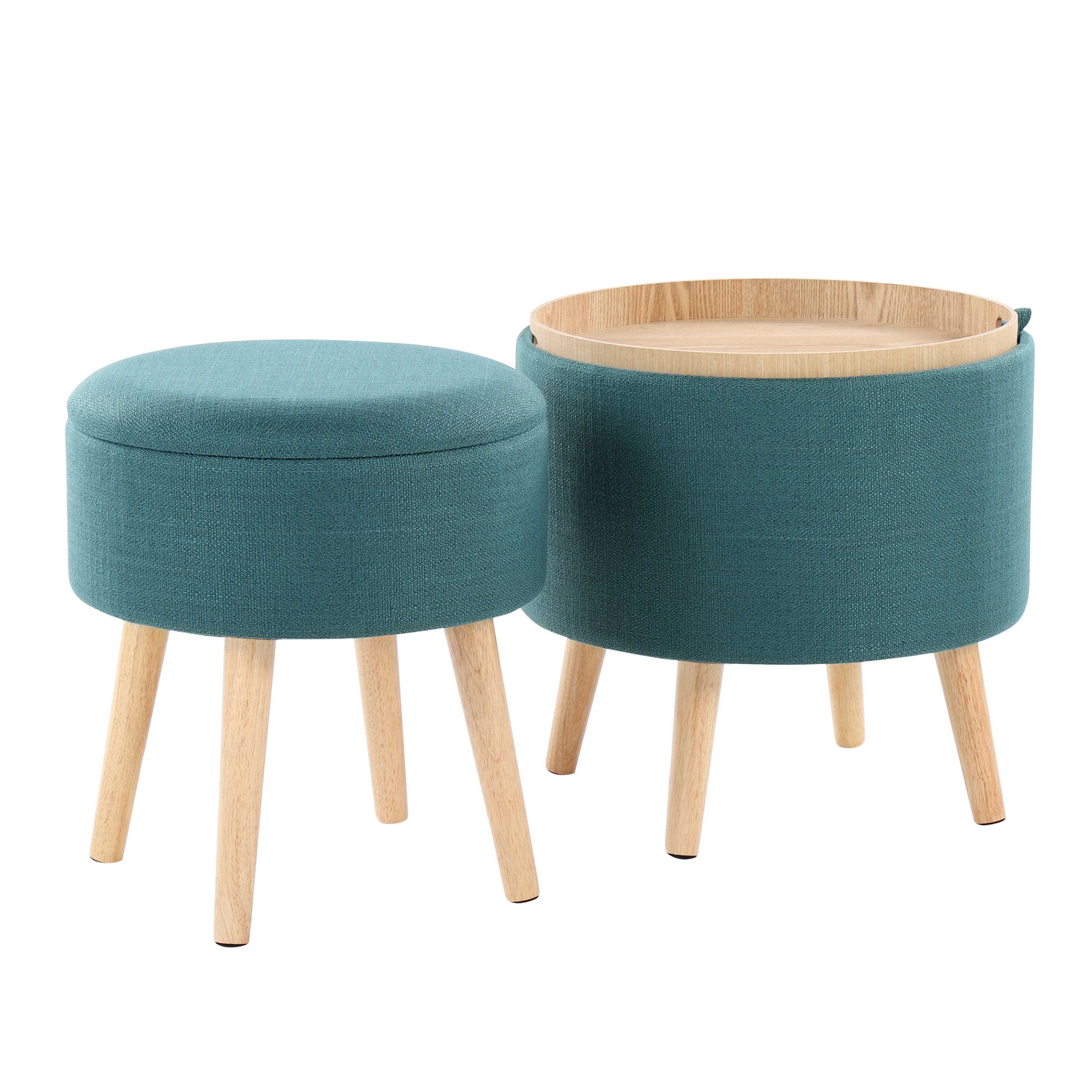 Tray Contemporary Storage Ottoman with Matching Stool in Teal Fabric and Natural Wood Legs by LumiSource