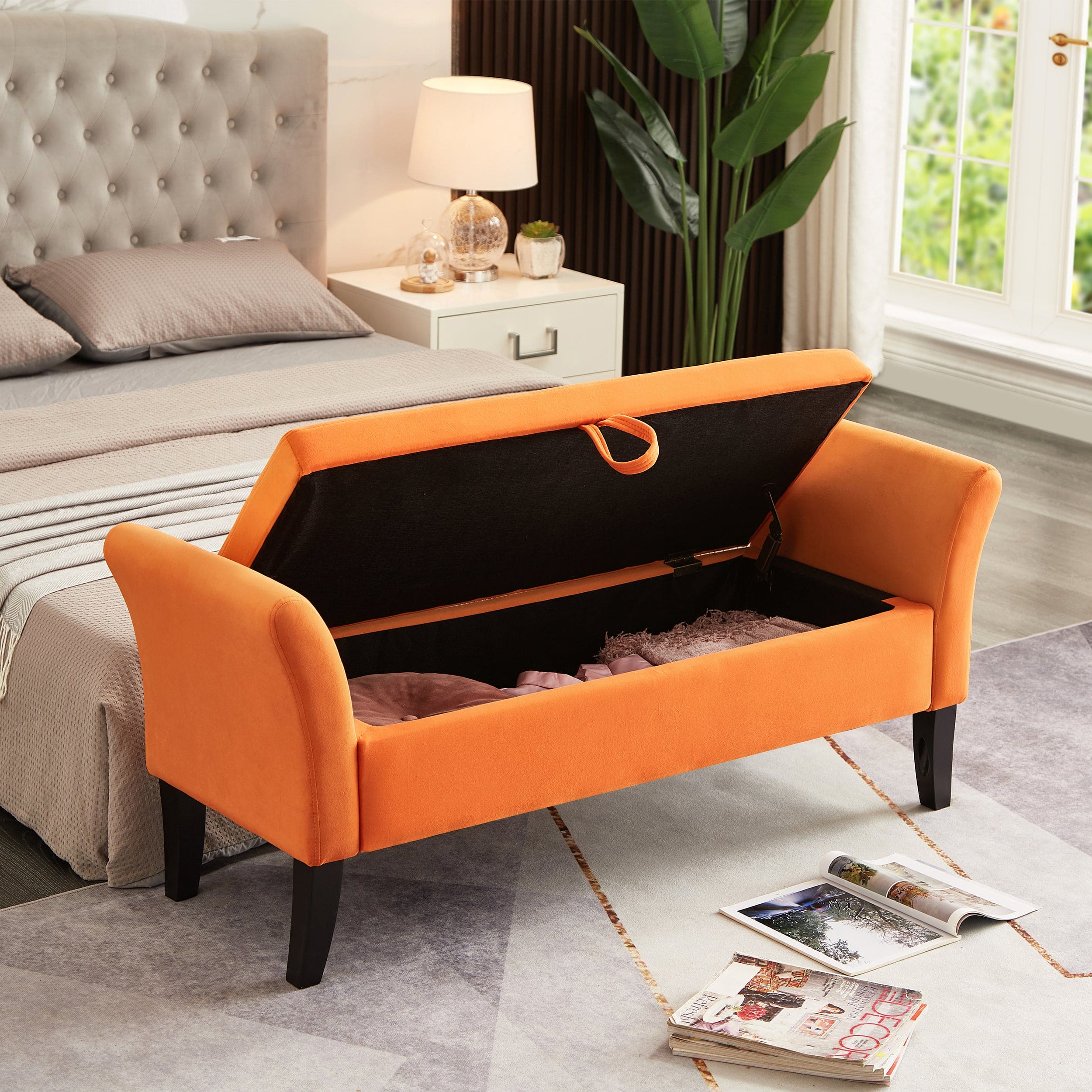 51.5" Bed Bench with Storage Orange Velvet