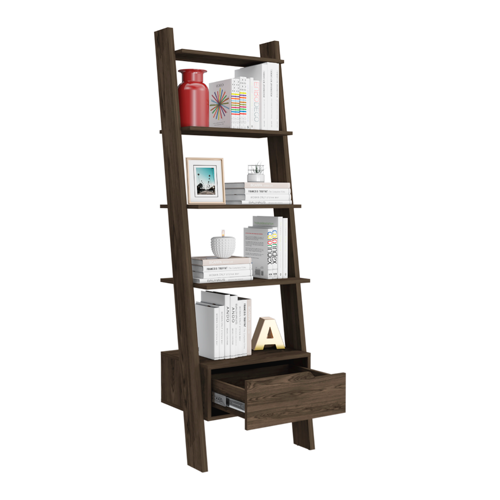 Ladder Bookcase Bull, One Drawer, Five Open Shelves, Dark Walnut Finish