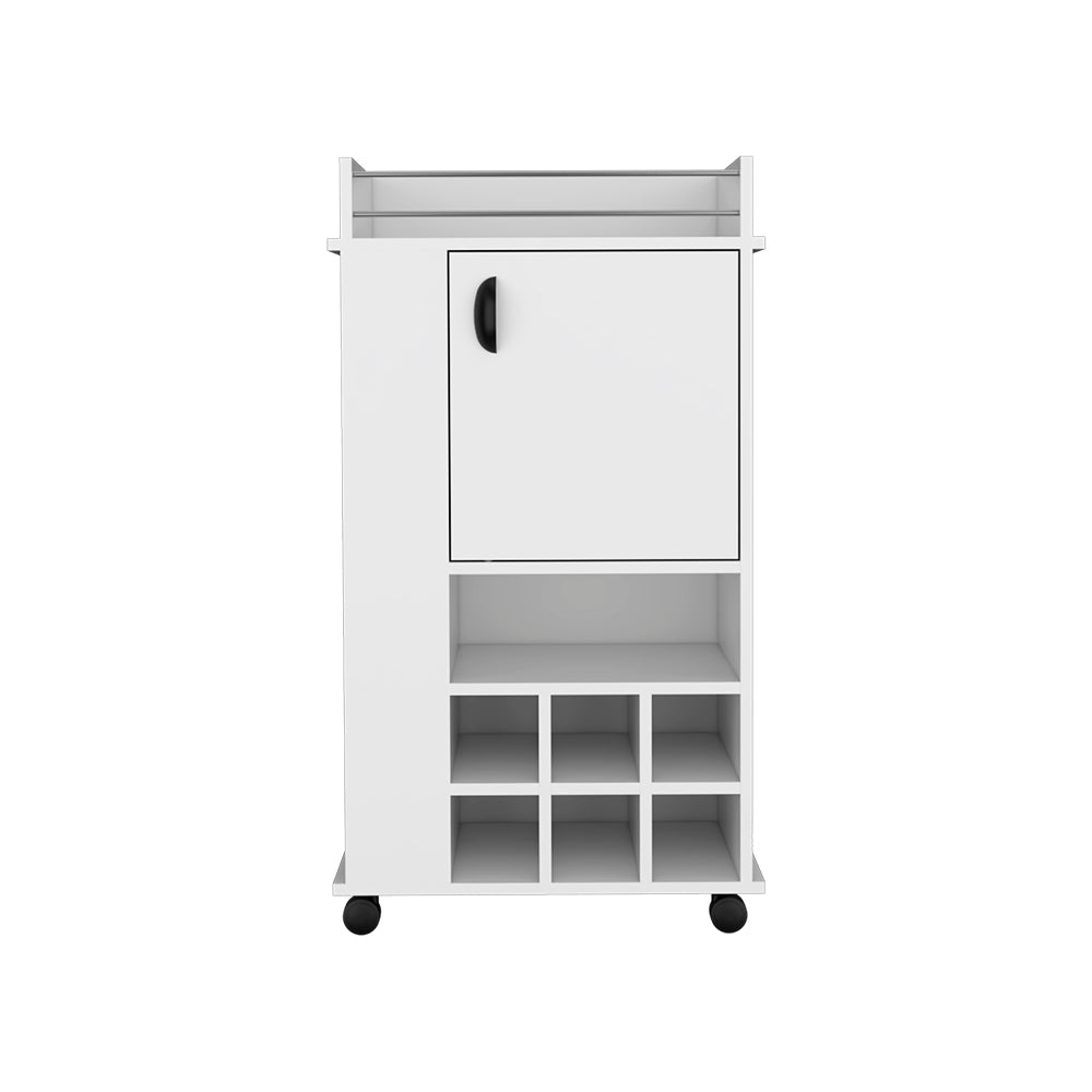 Bar Cart with Casters Reese, Six Wine Cubbies and Single Door, White Finish