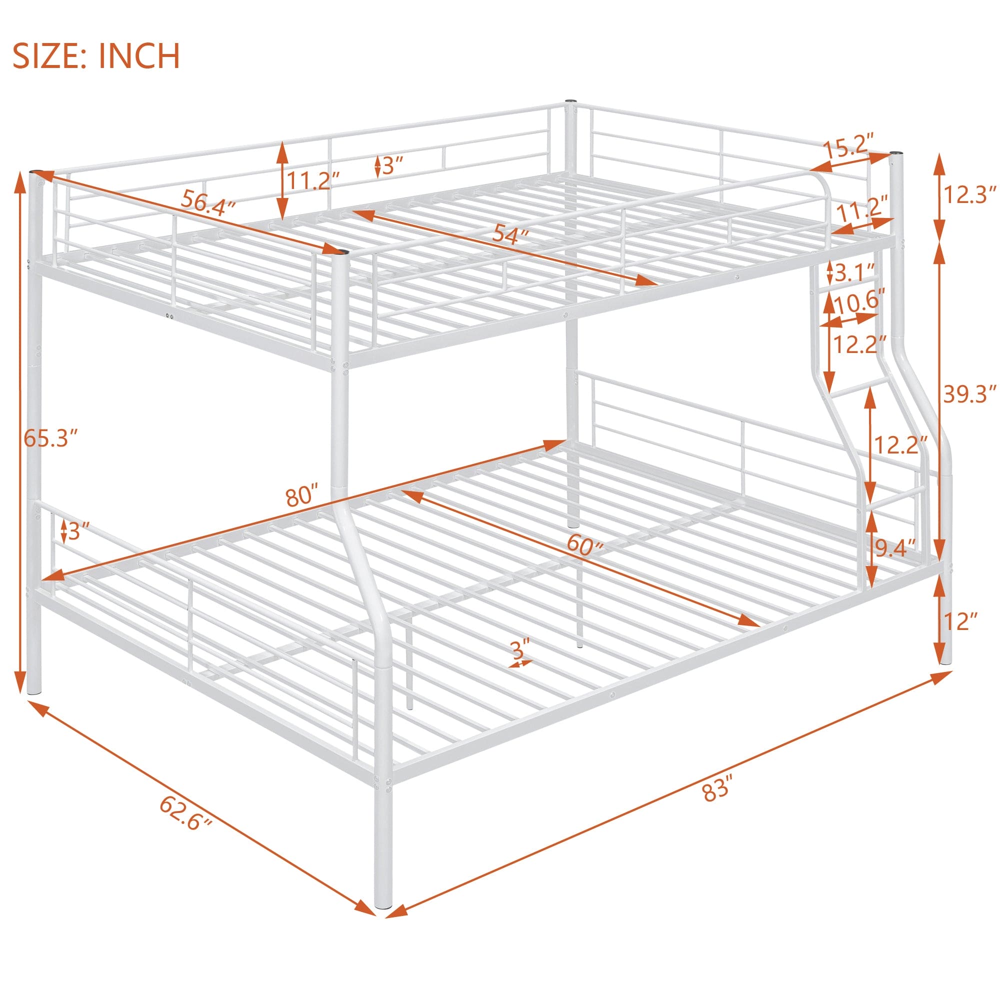 Full XL Over Queen Metal Bunk Bed, White