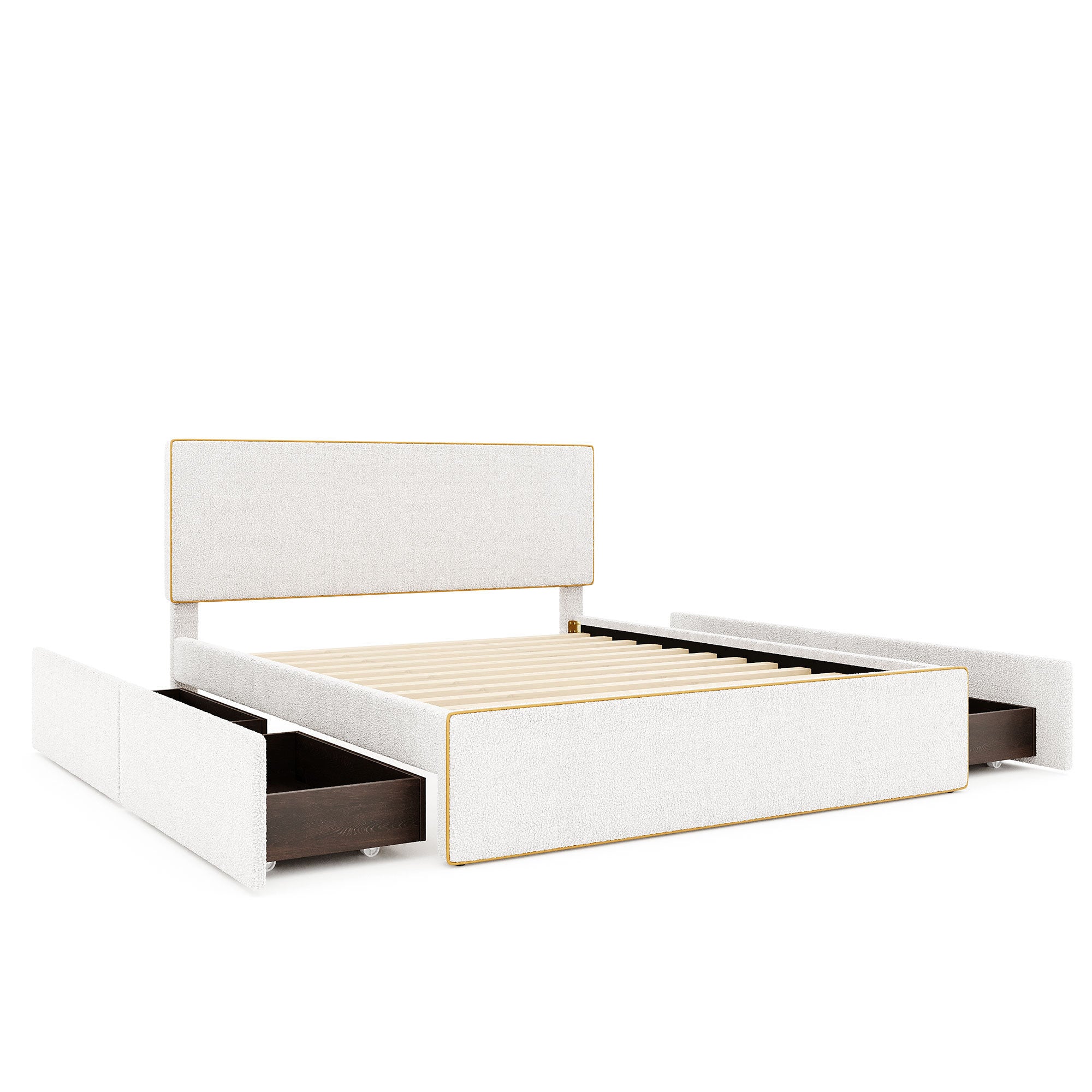 Queen Size Upholstered Platform Bed with 4 Drawers and Golden Edge on the Headboard & Footboard, White