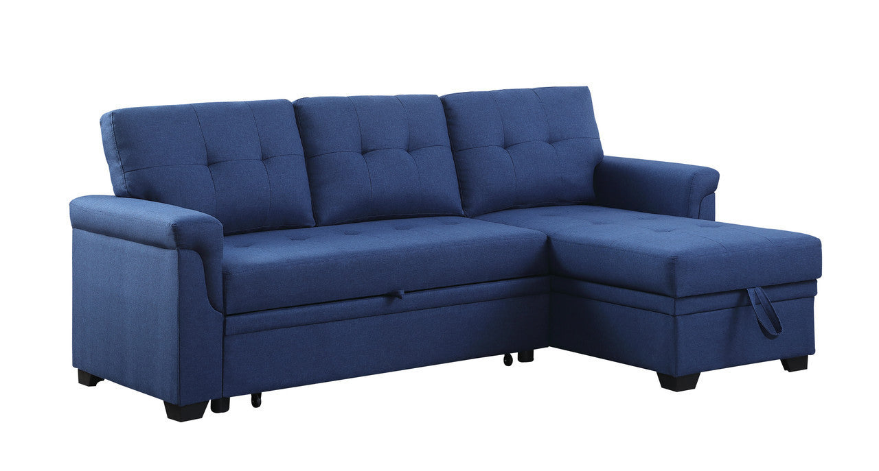 Lucca Blue Linen Reversible Sleeper Sectional Sofa with Storage Chaise