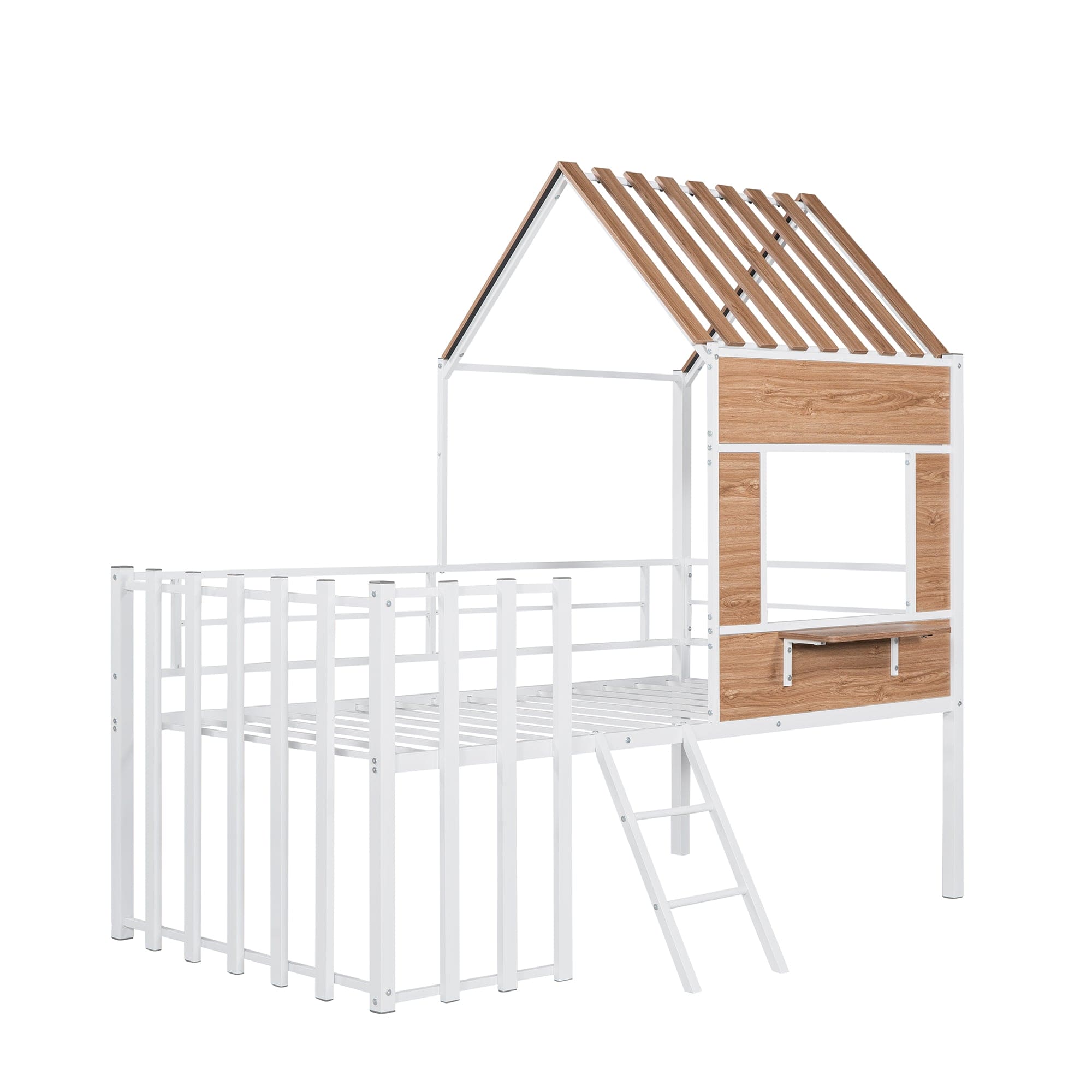 Metal Twin size Loft Bed with Roof, Window, Guardrail, Ladder White