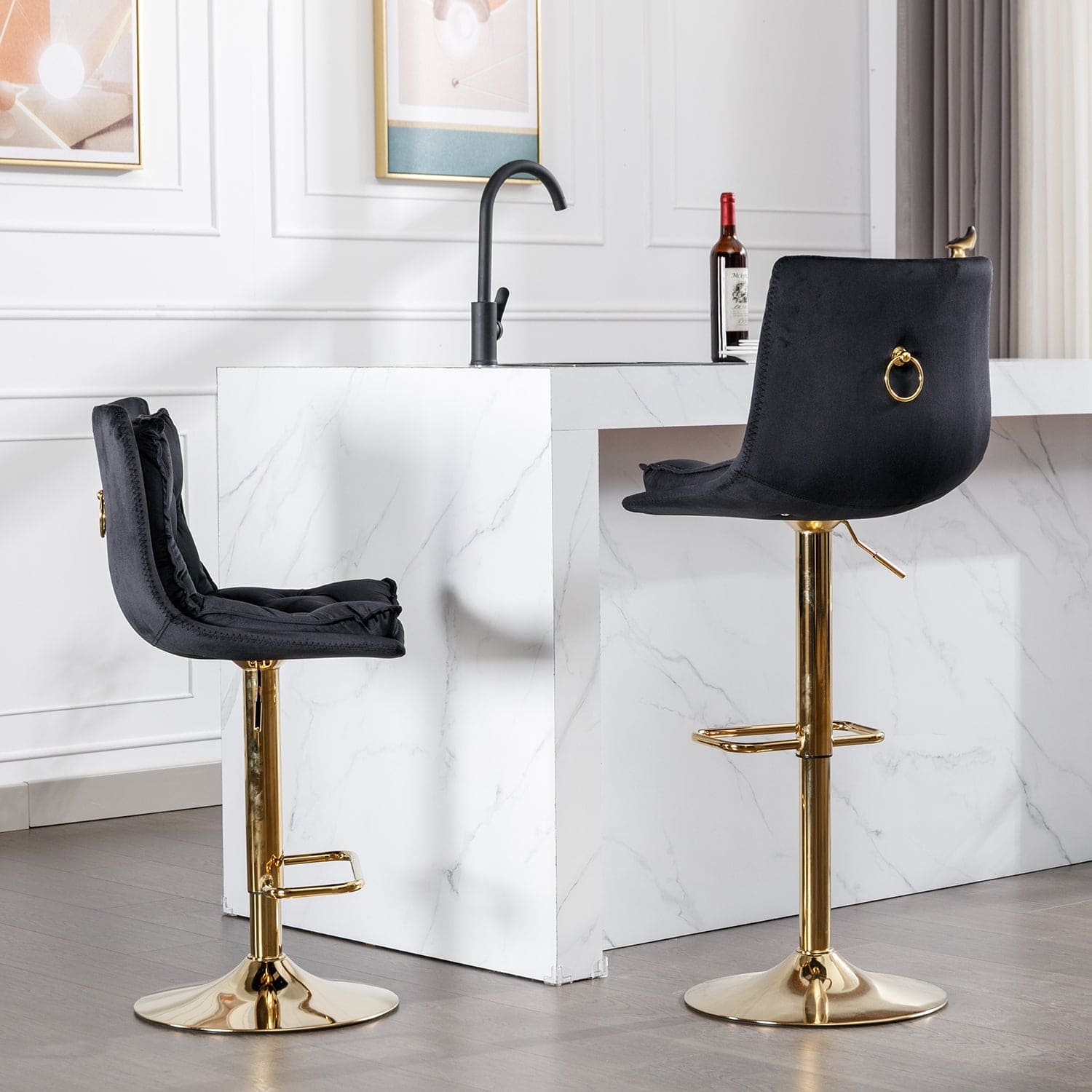 Set of 2 Bar Stools,with Chrome Footrest and Base Swivel Height Adjustable Mechanical Lifting Velvet + Golden Leg Simple Bar Stoo,black