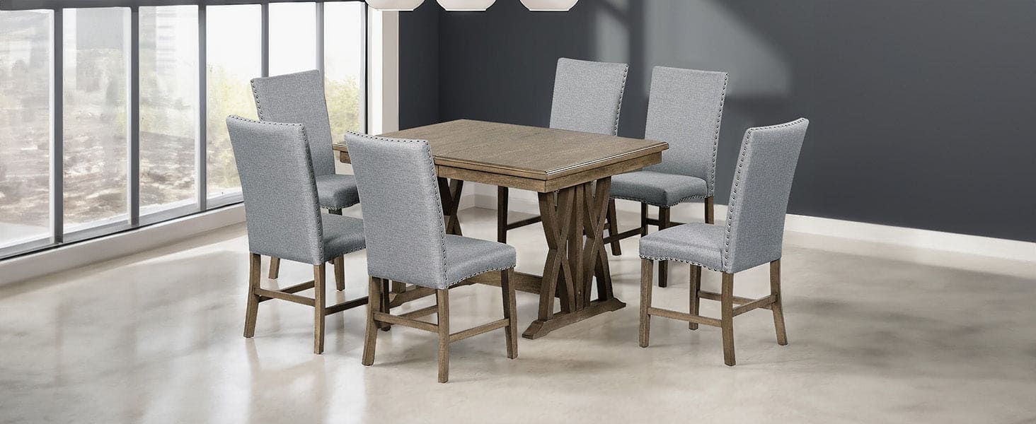 TOPMAX Mid-Century Solid Wood 7-Piece Dining Table Set Extendable Kitchen Table Set with Upholstered Chairs and 12" Leaf for 6, Golden Brown+Gray Cushion