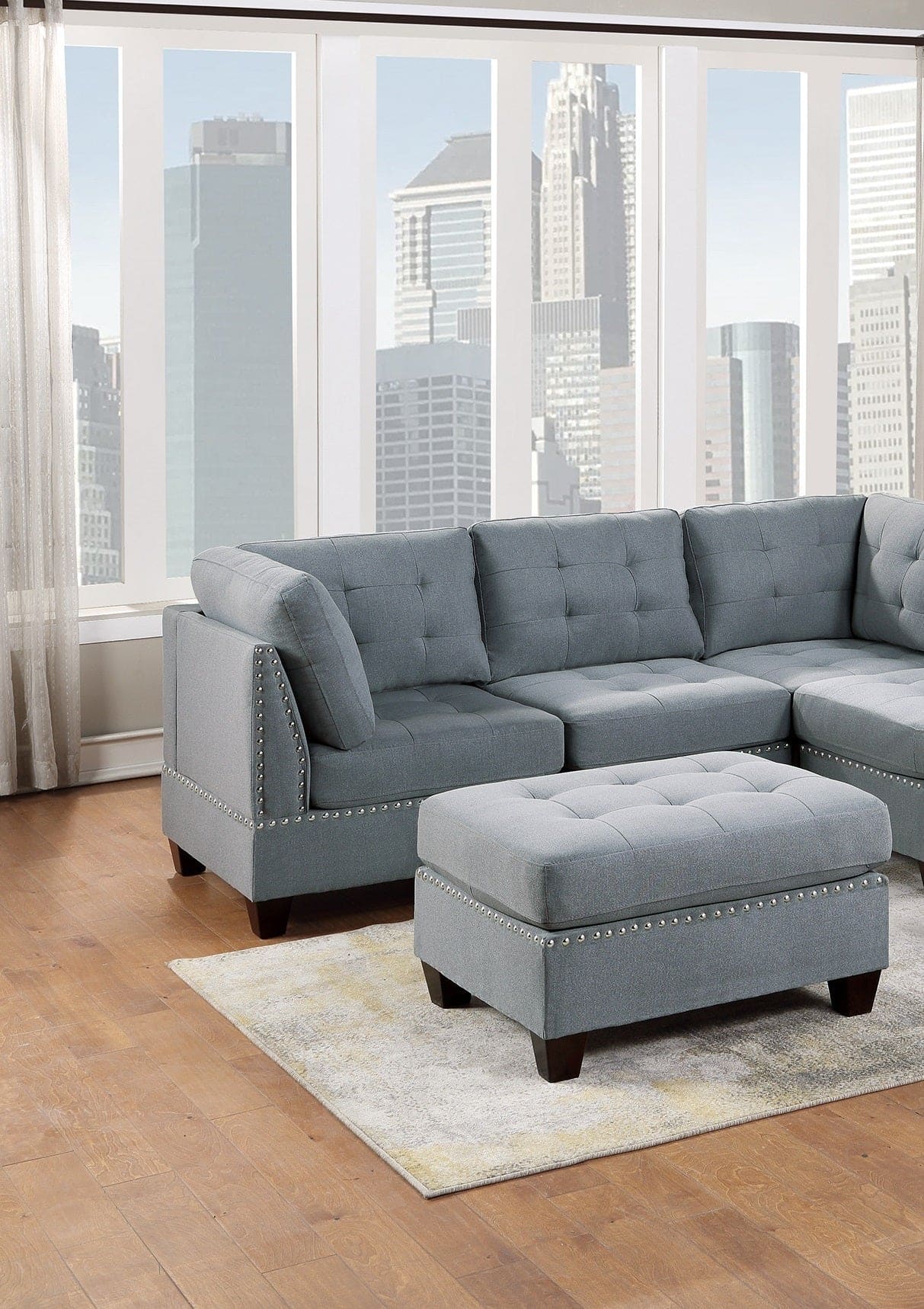 Modular Sectional 6pc Set Living Room Furniture L-Sectional Gray Linen Like Fabric Tufted Nail heads 2x Corner Wedge 2x Armless Chairs and 2x Ottomans