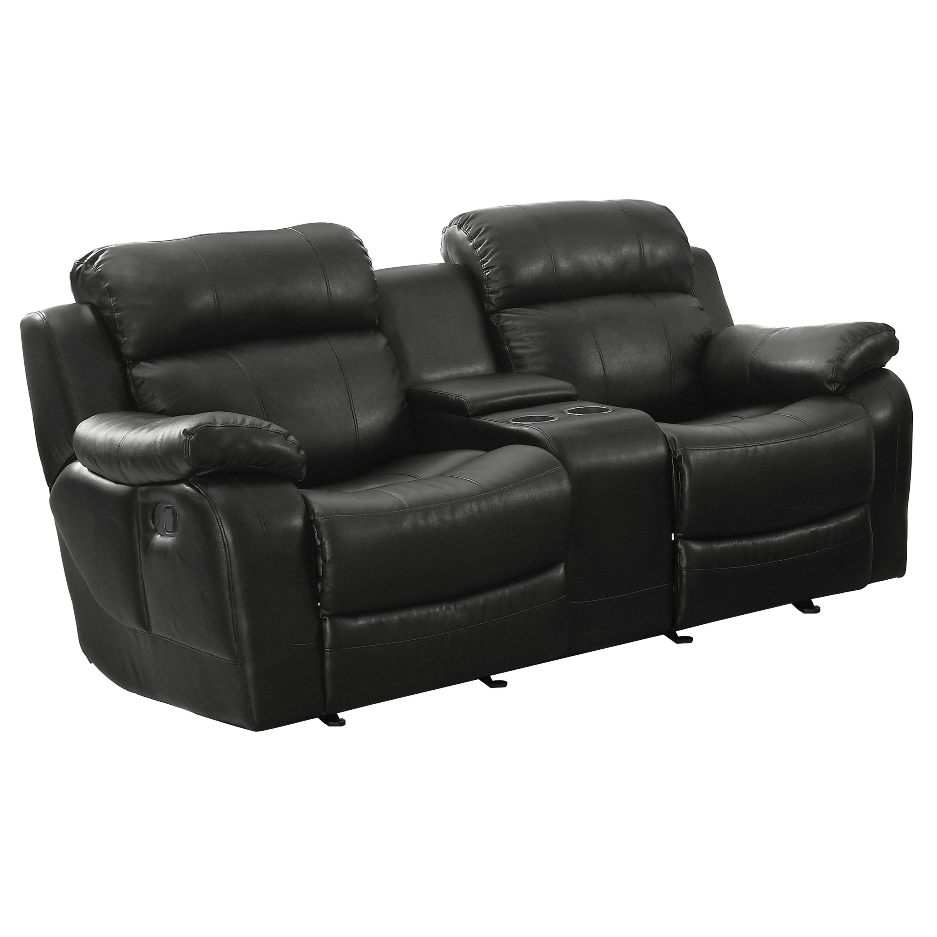 Double Glider Reclining Love Seat with Center Console Black Faux Leather Upholstered Contemporary Living Room Furniture