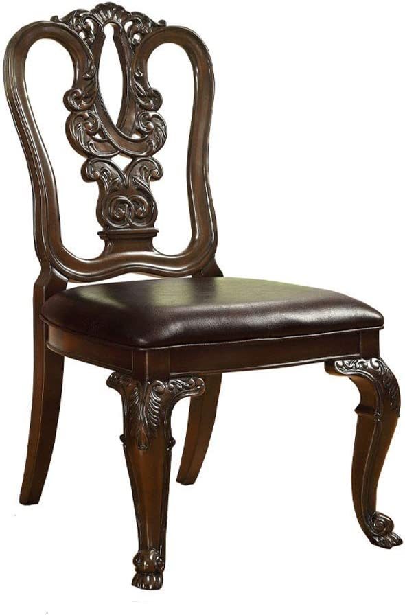 Traditional Intricate Back Design Set of 2 Side Chairs Brown Cherry Solid wood Chair Padded Leatherette Seat Kitchen Dining Room Furniture