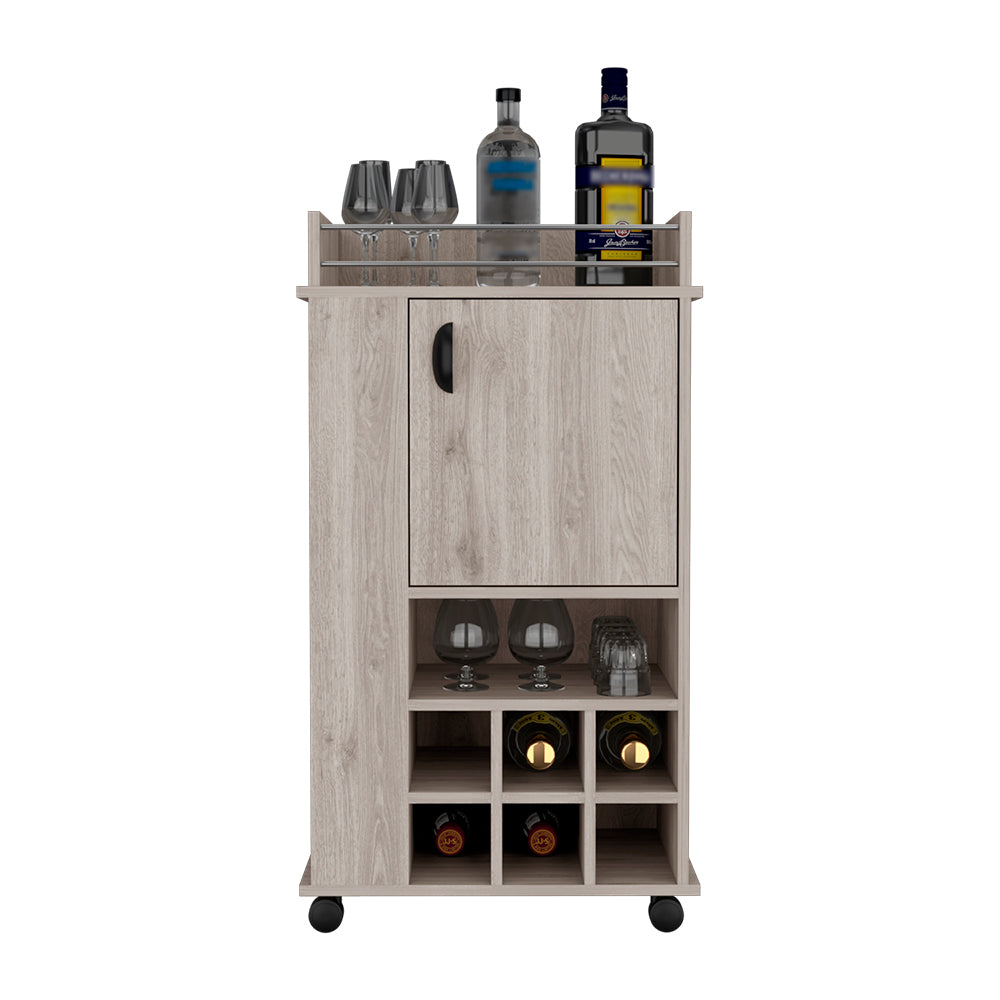 Bar Cart with Casters Reese, Six Wine Cubbies and Single Door, Light Gray Finish