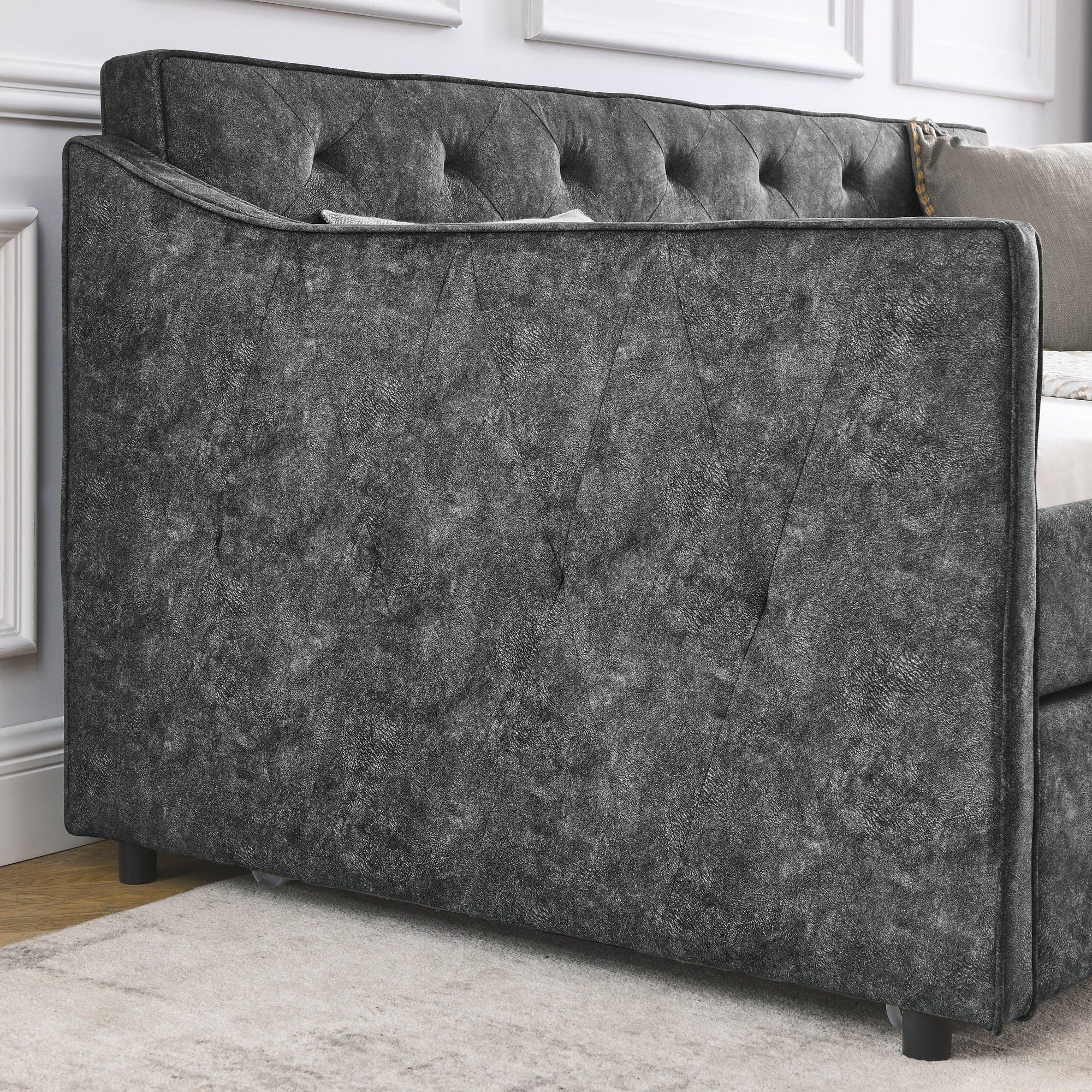 Twin Size Daybed with Twin Size Trundle Upholstered Tufted Sofa Bed,  Waved Shape Arms, Grey (80.5"x44.5"x33.5")