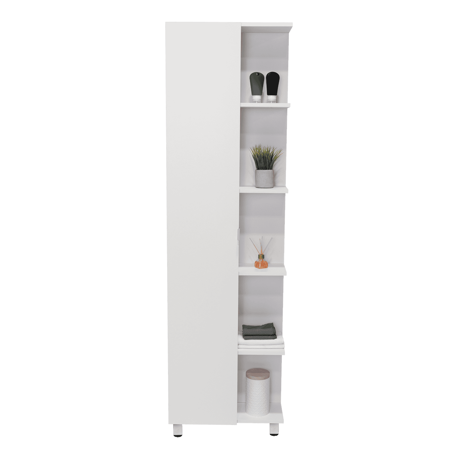 Corner Cabinet Womppi, Five Open Shelves, Single Door, White Finish