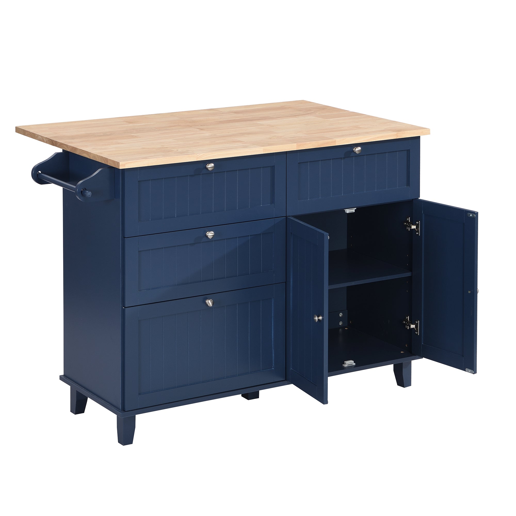 TOPMAX Farmhouse Kitchen Island Set with Drop Leaf and 2 Seatings,Dining Table Set with Storage Cabinet, Drawers and Towel Rack, Blue+Black+Brown