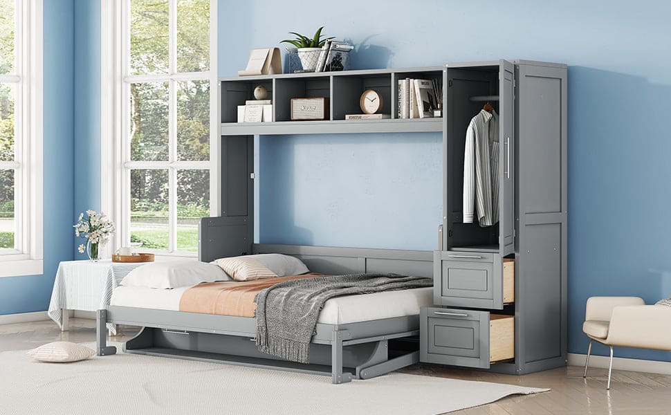 Full Size Murphy Bed Wall Bed with Closet and Drawers,Gray