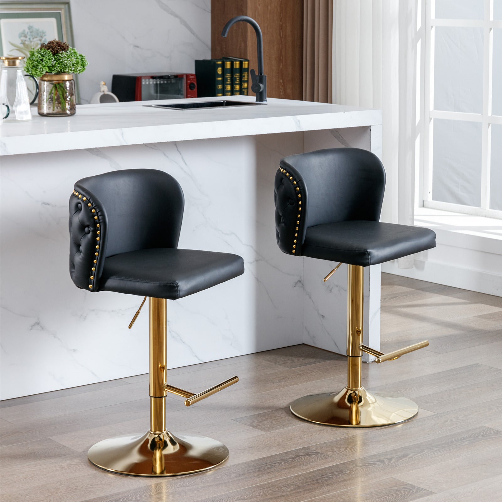 A&A Furniture,Swivel Barstools Adjusatble Seat Height, Modern PU Upholstered Bar Stools with  the whole Back Tufted, for Home Pub and Kitchen Island（Black, Set of 2）