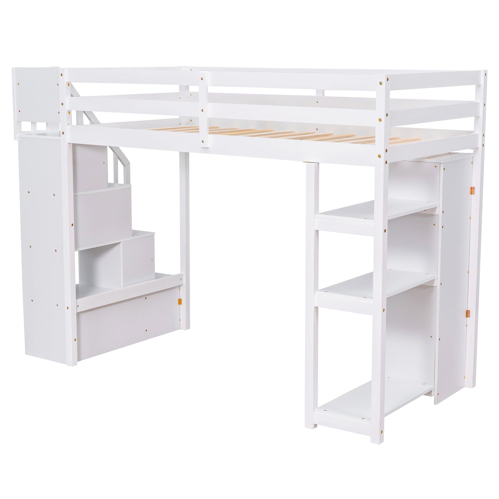 Twin size Loft Bed with Storage Drawers and Stairs, Wooden Loft Bed with Shelves - White