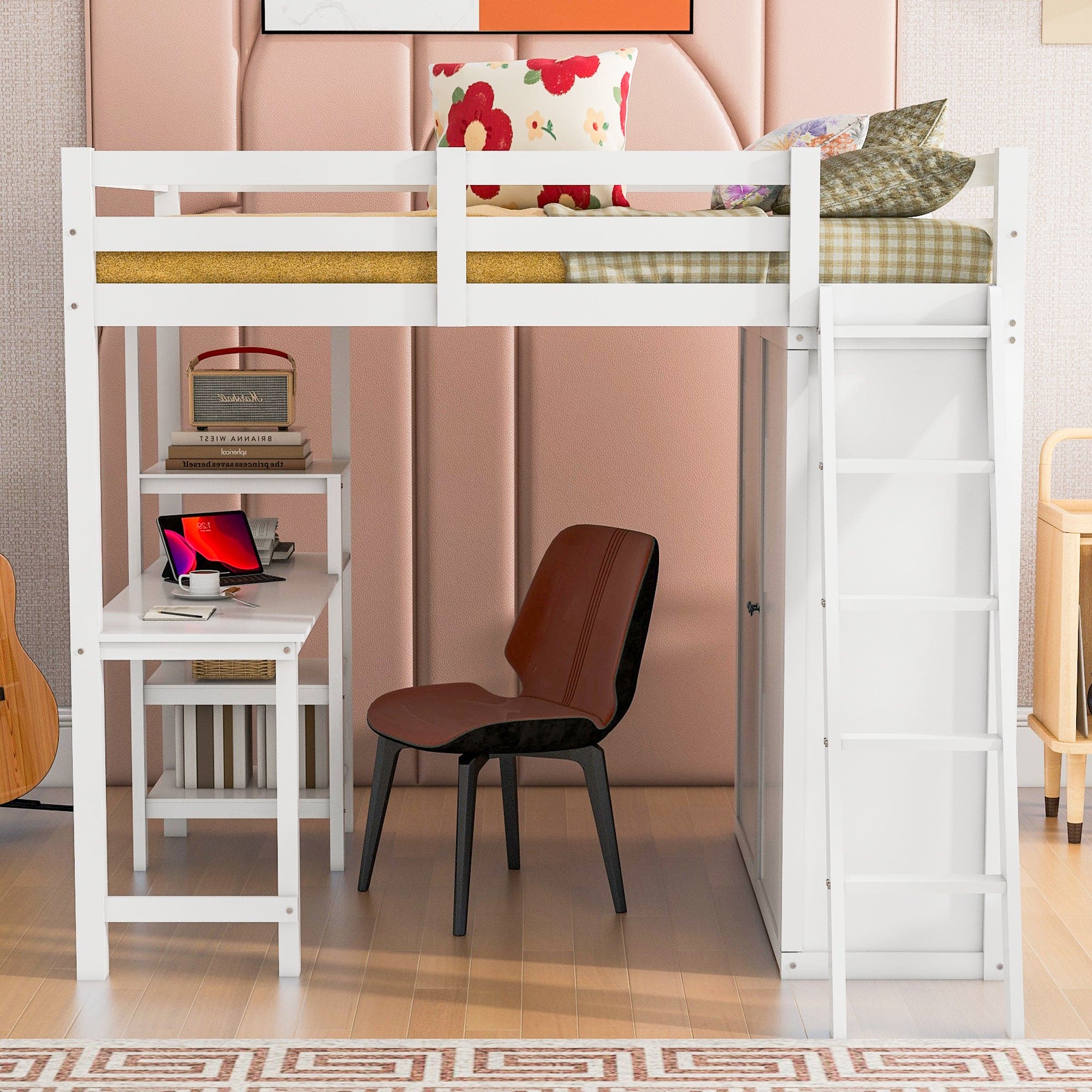 Full Size Loft Bed with Wardrobe and Desk and Shelves, White