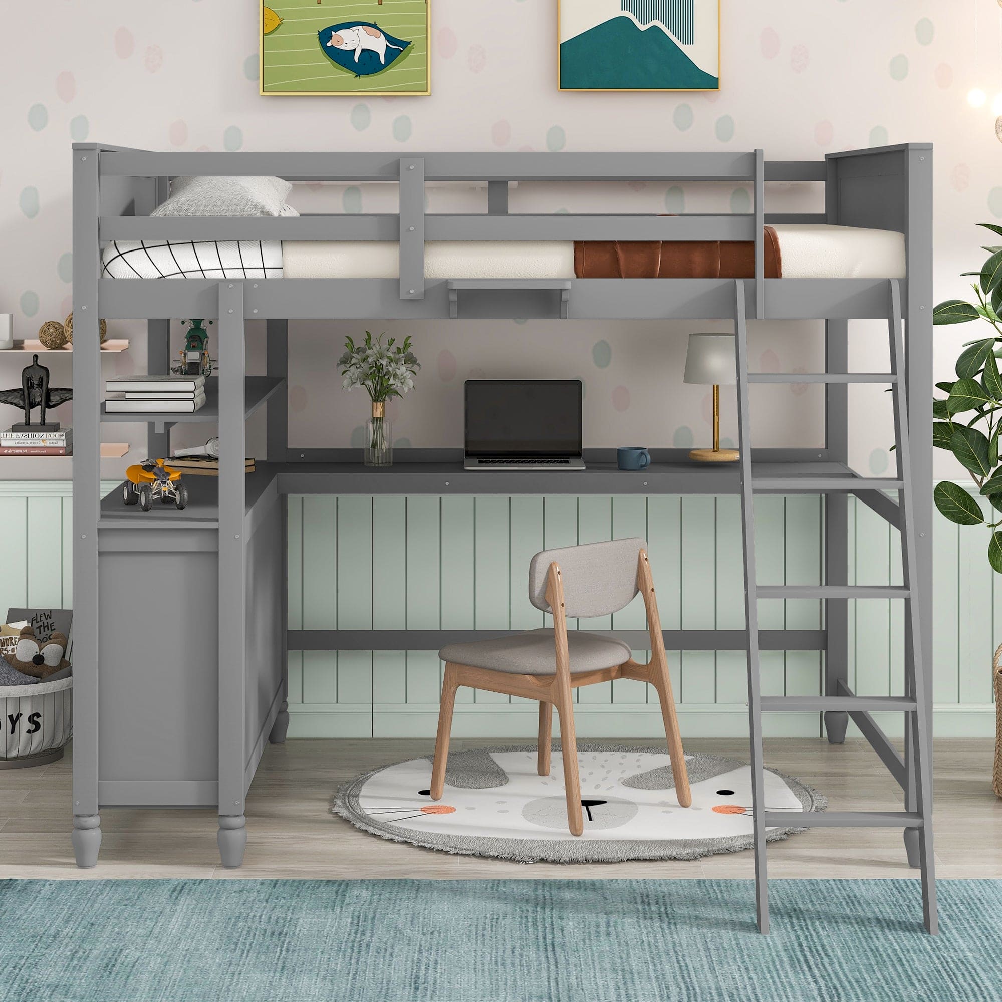 Full size Loft Bed with Drawers and Desk, Wooden Loft Bed with Shelves - Gray(OLD SKU:LT001529AAE)