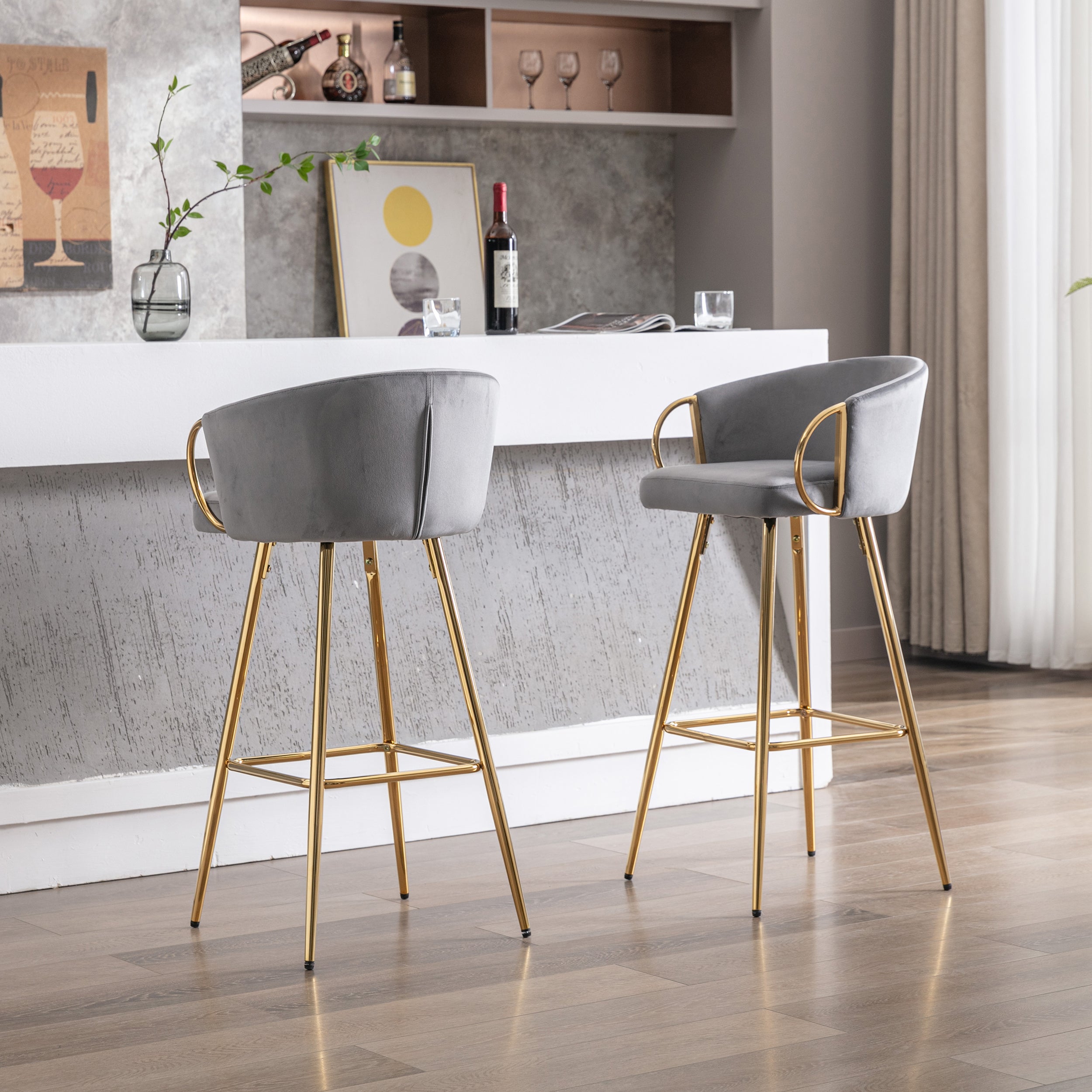 26 Inch Set of 2 Bar Stools,with Chrome Footrest and Base Velvet + Golden Leg Simple Bar Stool,GRAY