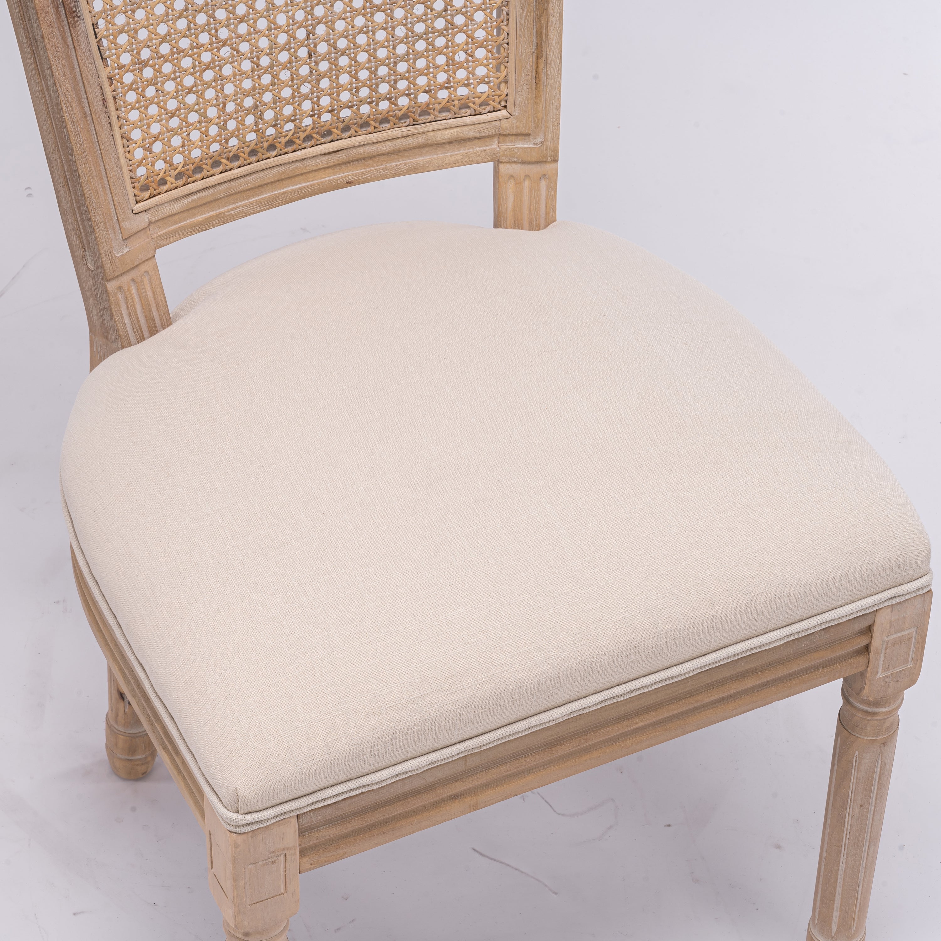 French Style Solid Wood Frame Antique Painting Linen Fabric Square Rattan Back Dining Chair,Set of 2,Cream