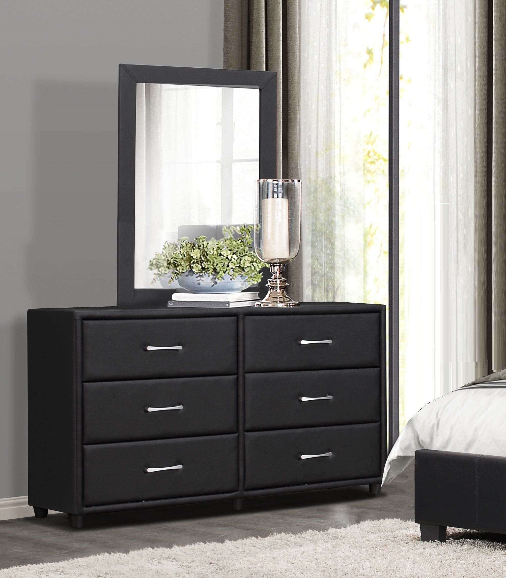 Contemporary Design Black Dresser 1pc 6x Drawers Faux Leather Upholstery Plywood Engineered Wood