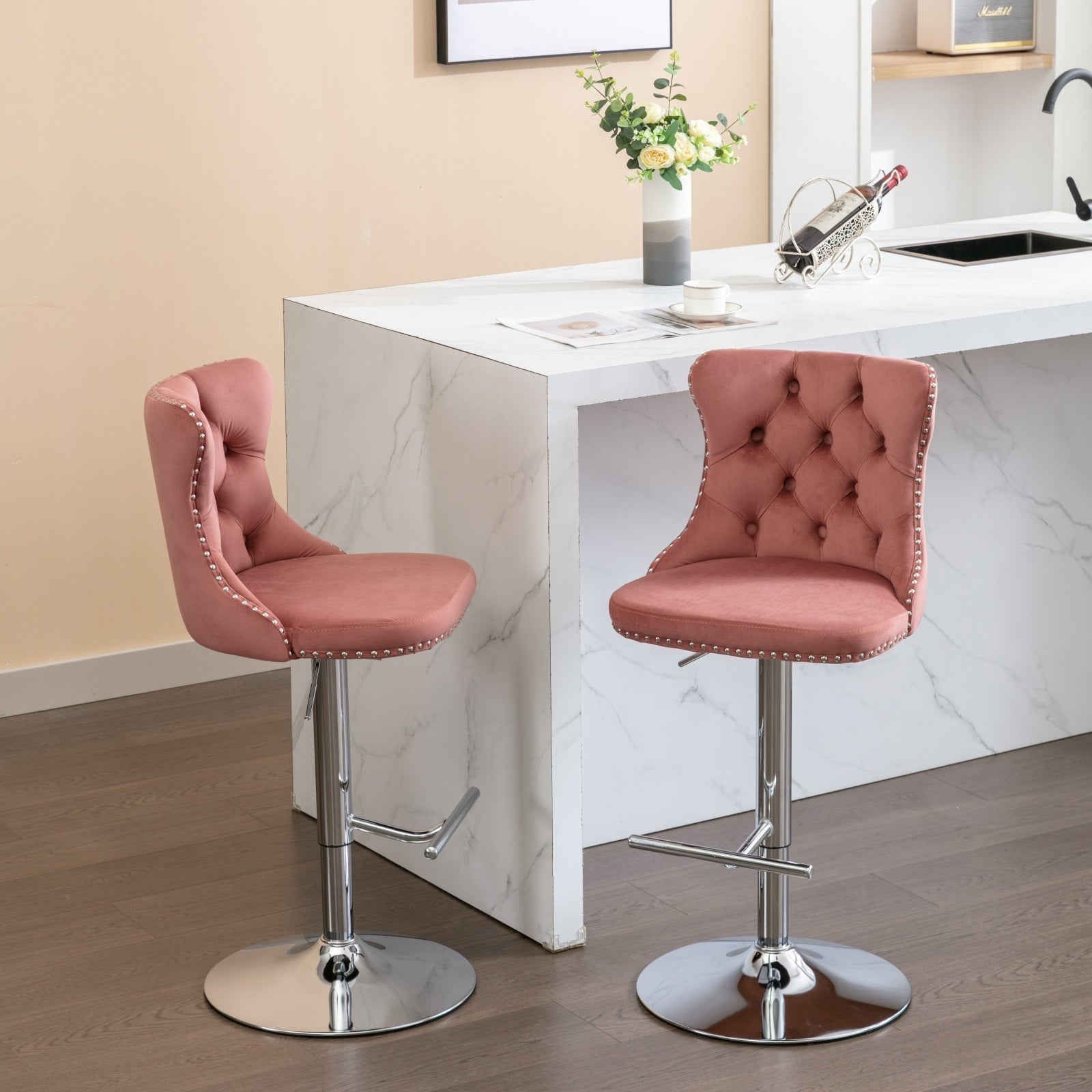 Swivel Velvet Barstools Pink Set of 2