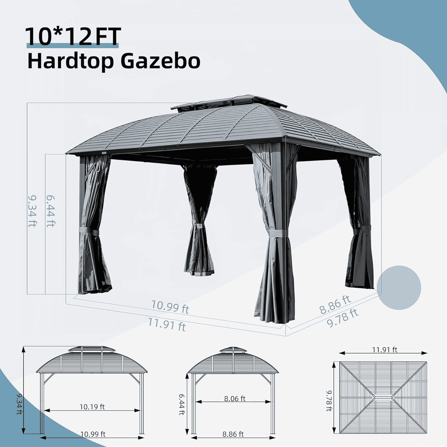 Outdoor Gazebo 10'x12', Permanent Hardtop Gazebo with Aluminum Frame for Patios Deck Backyard, Galvanized Steel Double Roof, Curtains and Netting for Lawns, Garden, Poolside