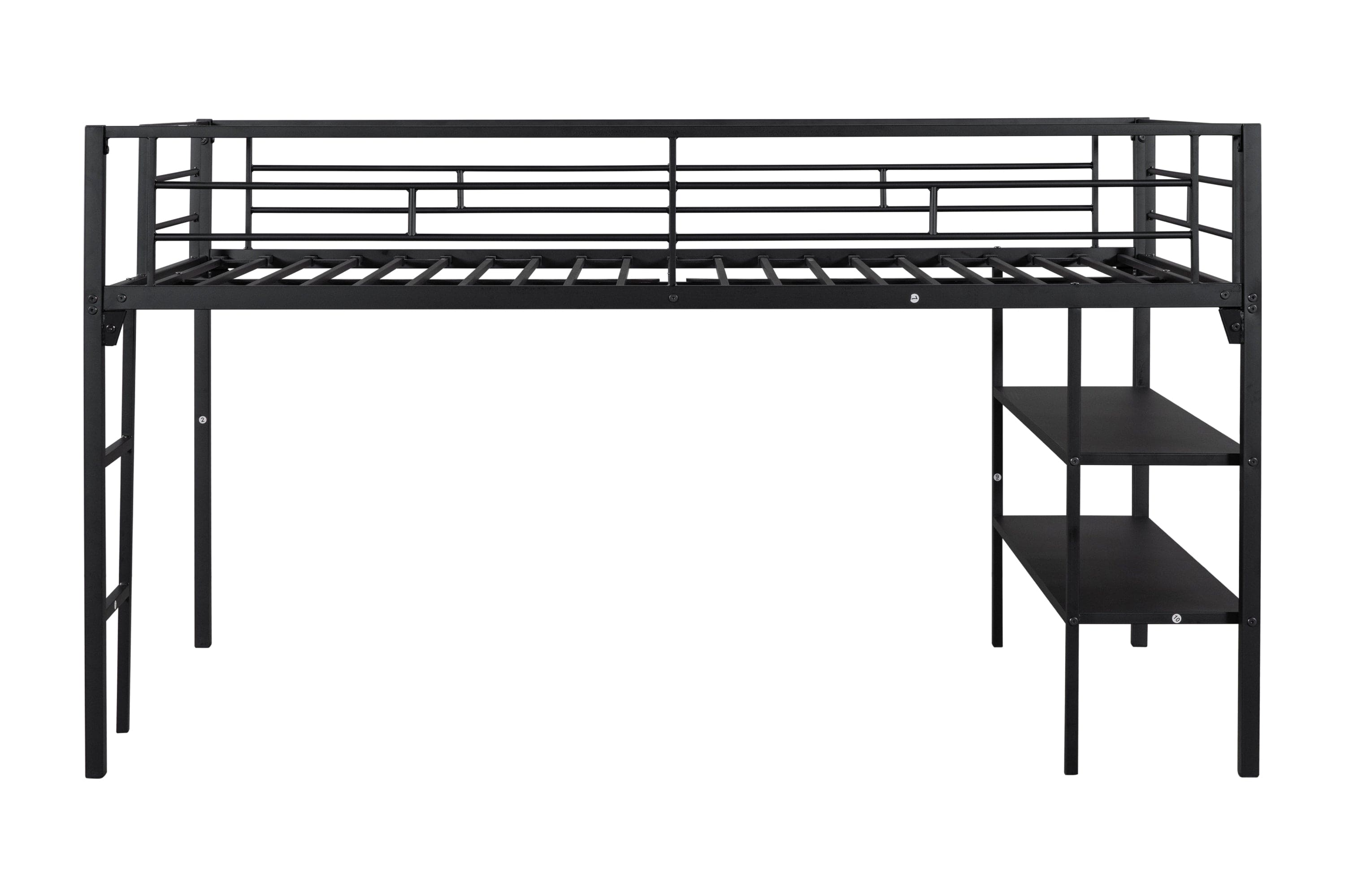 Low Loft bed with storage shelves