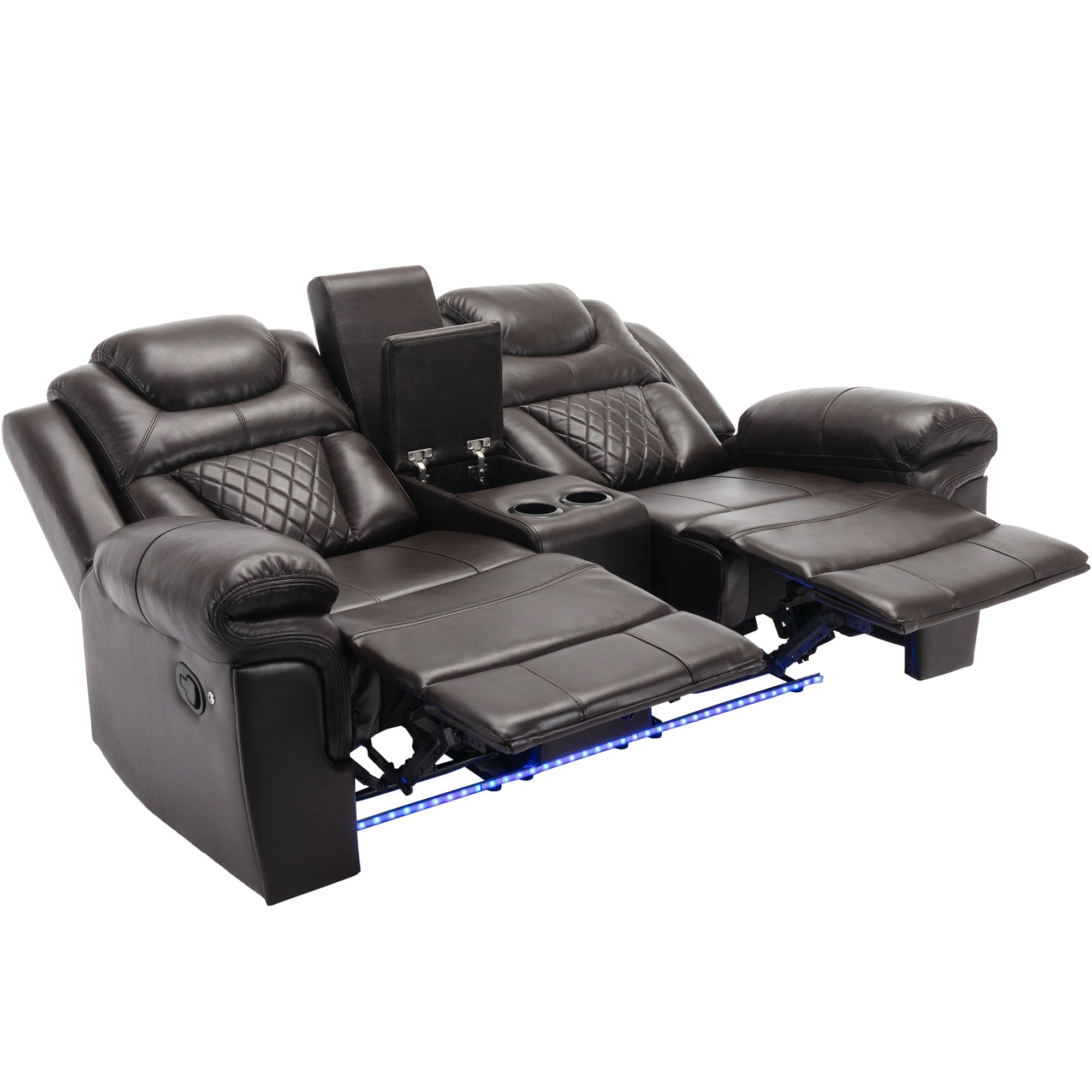 Home Theater Seating Manual Recliner Loveseat with Hide-Away Storage, Cup Holders and LED Light Strip for Living Room, Brown