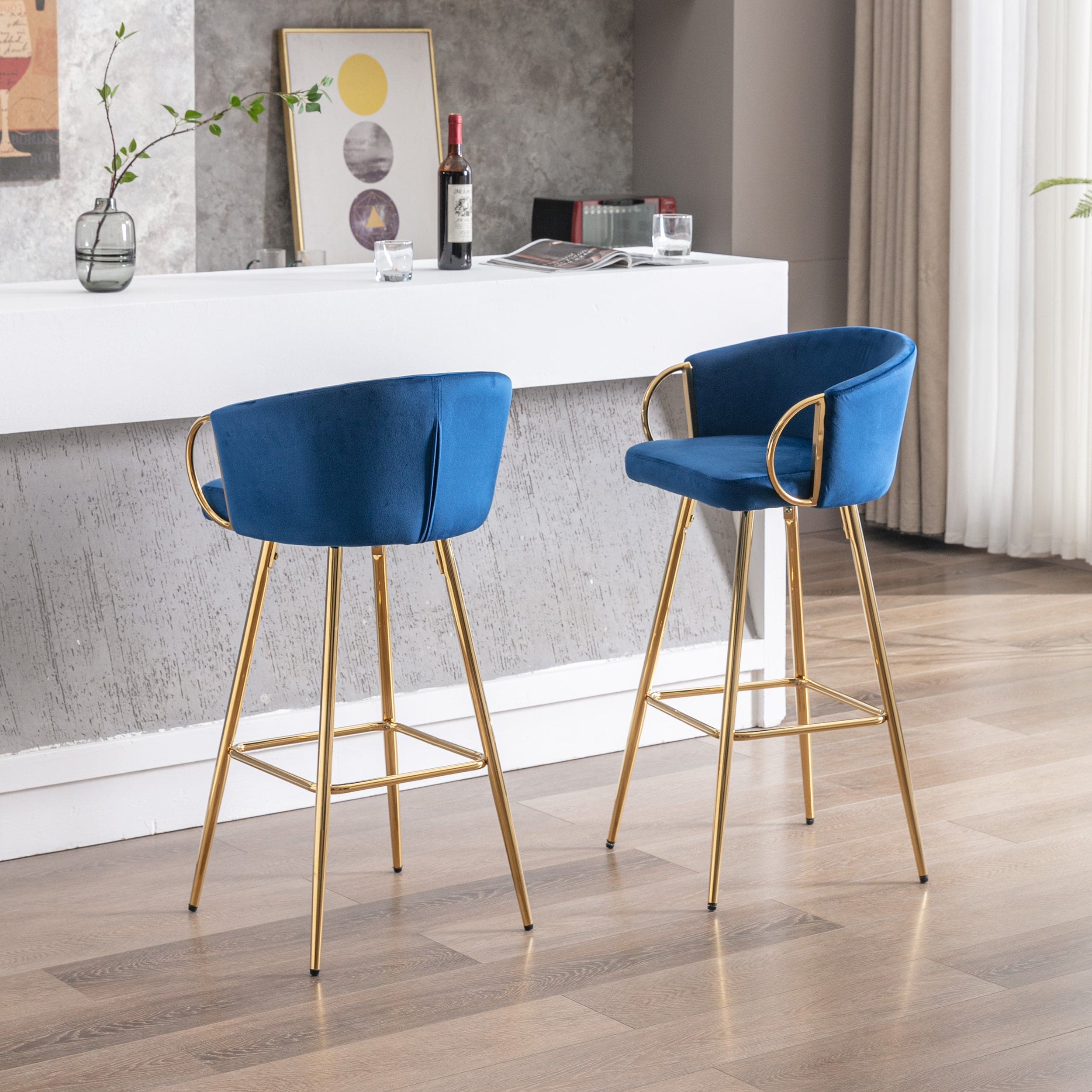 26 Inch Set of 2 Bar Stools,with Chrome Footrest Velvet + Golden Leg Simple Bar Stool,BLUE