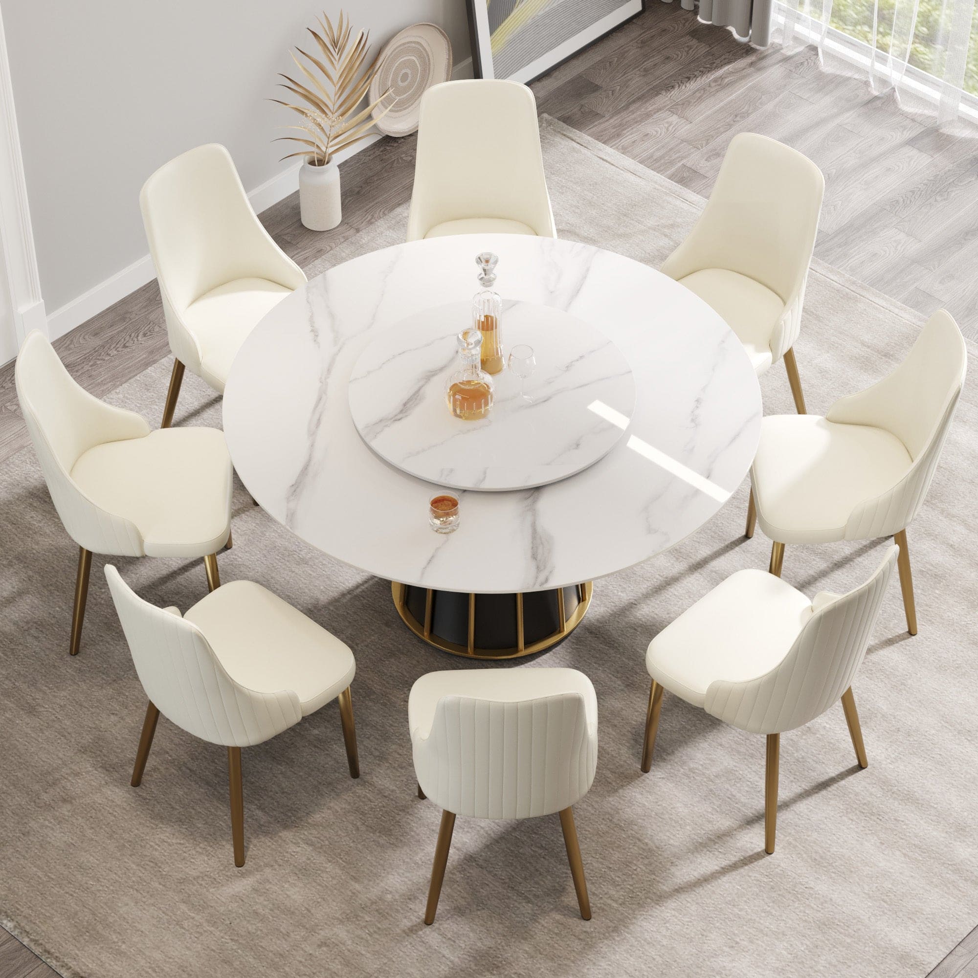 59.05"modern artificial stone round white panel metal iron base dining table-can accommodate 8 people-31.5"white artificial stone turntable(Not including chairs)