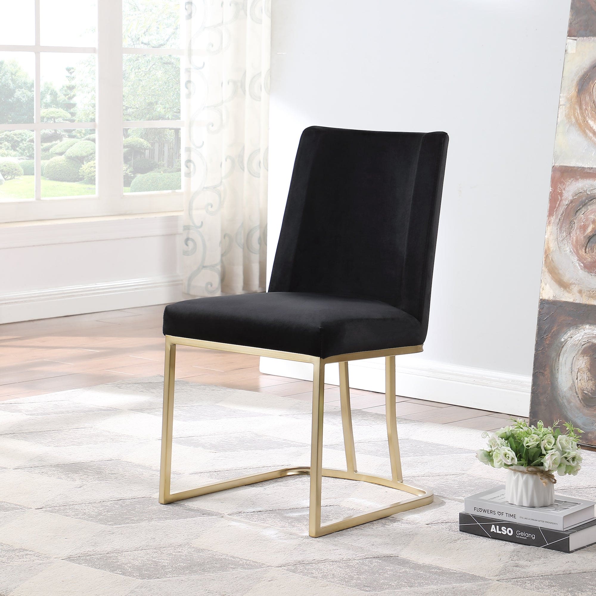 Dining Chairs, Velvet Upolstered Side Chair, Gold Metal Legs (Set of 2) - Black